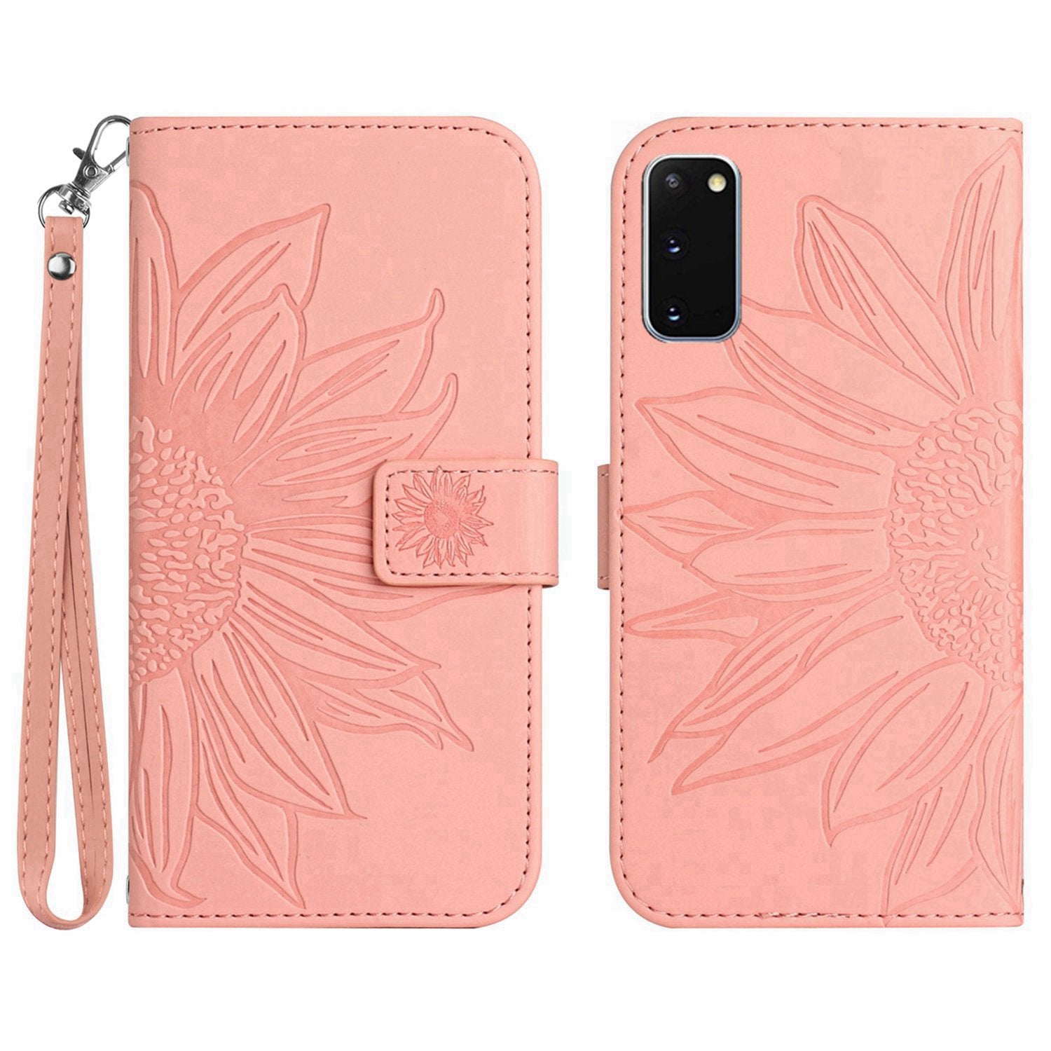 For Samsung Galaxy S20 4G / 5G HT04 Phone Case, Fully Wrapped Skin-Touch PU Leather Imprinted Sunflower Stand Wallet Cover with Hand Strap - Light Pink