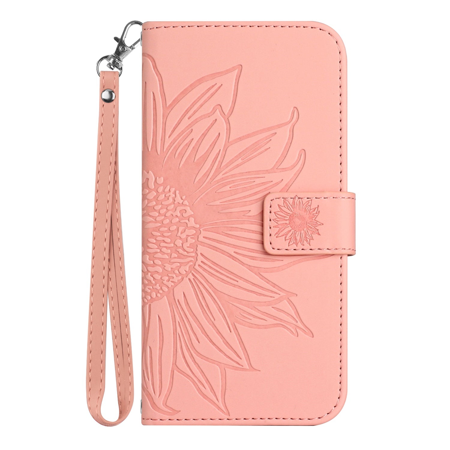 For Samsung Galaxy S20 4G / 5G HT04 Phone Case, Fully Wrapped Skin-Touch PU Leather Imprinted Sunflower Stand Wallet Cover with Hand Strap - Light Pink