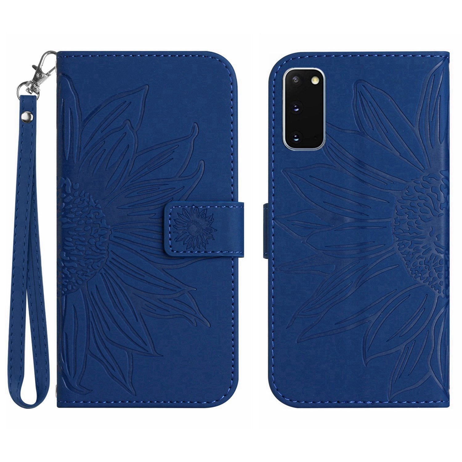 For Samsung Galaxy S20 4G / 5G HT04 Phone Case, Fully Wrapped Skin-Touch PU Leather Imprinted Sunflower Stand Wallet Cover with Hand Strap - Sapphire