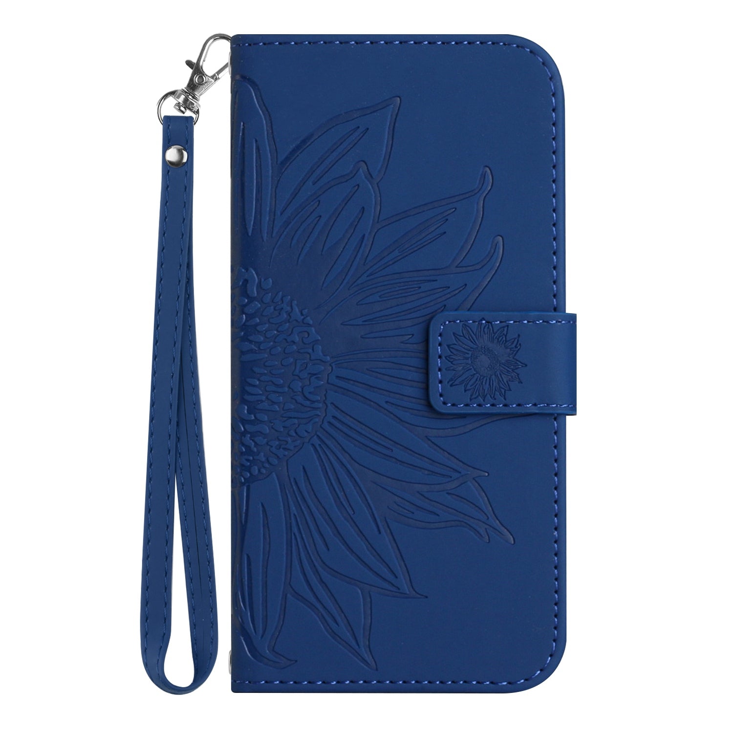 For Samsung Galaxy S20 4G / 5G HT04 Phone Case, Fully Wrapped Skin-Touch PU Leather Imprinted Sunflower Stand Wallet Cover with Hand Strap - Sapphire