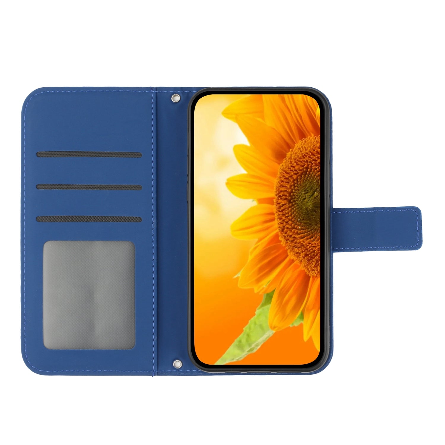 For Samsung Galaxy S20 4G / 5G HT04 Phone Case, Fully Wrapped Skin-Touch PU Leather Imprinted Sunflower Stand Wallet Cover with Hand Strap - Sapphire