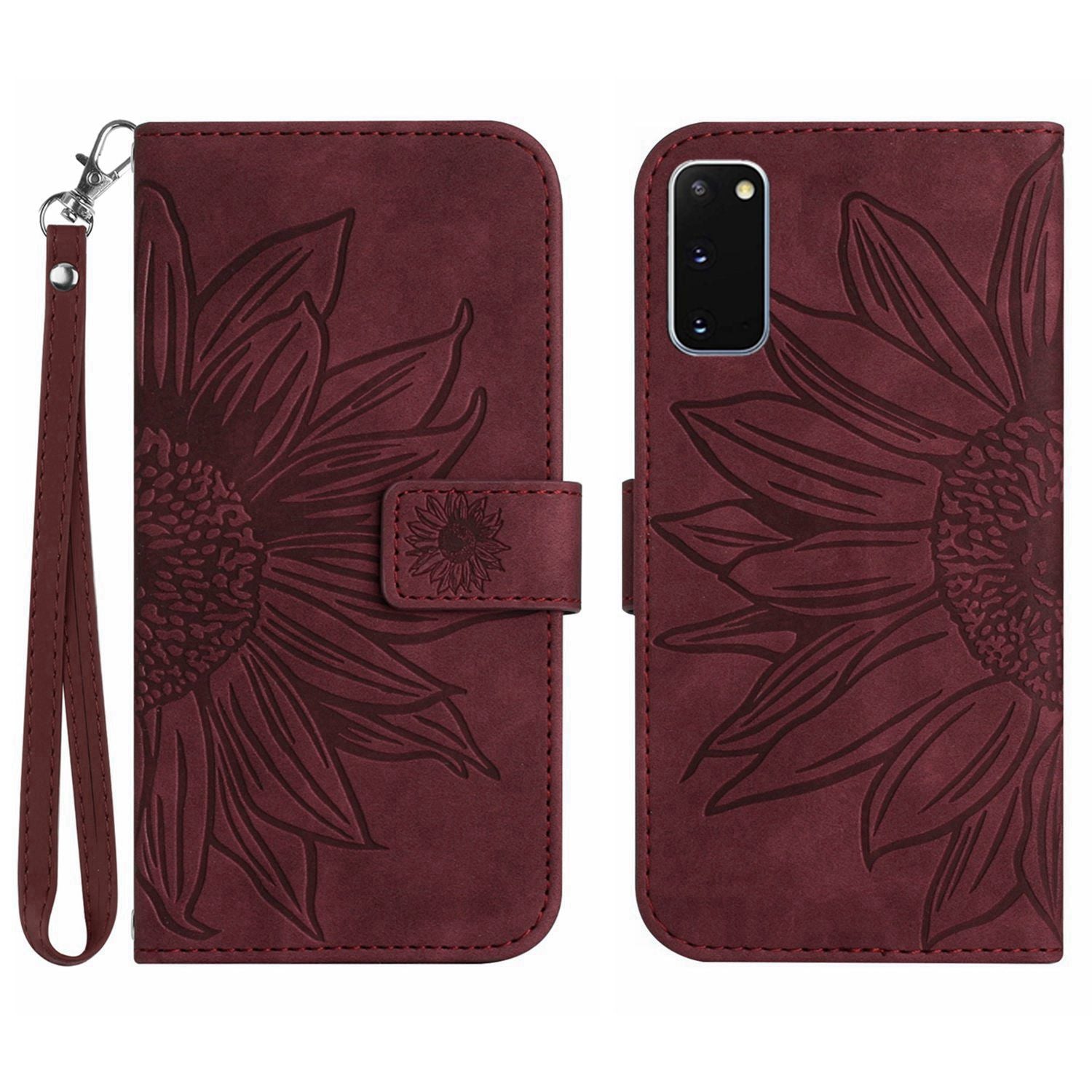 For Samsung Galaxy S20 4G / 5G HT04 Phone Case, Fully Wrapped Skin-Touch PU Leather Imprinted Sunflower Stand Wallet Cover with Hand Strap - Wine Red