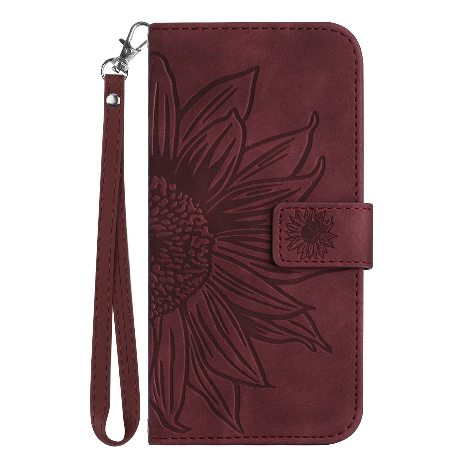 For Samsung Galaxy S20 4G / 5G HT04 Phone Case, Fully Wrapped Skin-Touch PU Leather Imprinted Sunflower Stand Wallet Cover with Hand Strap - Wine Red