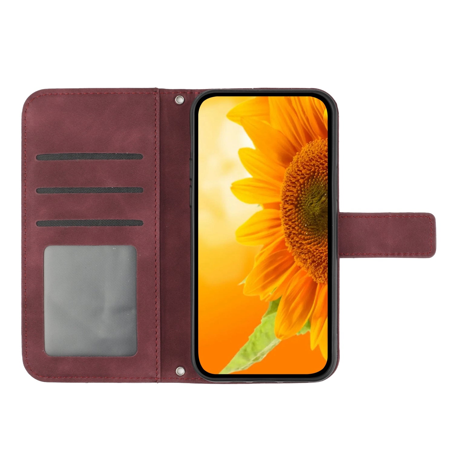 For Samsung Galaxy S20 4G / 5G HT04 Phone Case, Fully Wrapped Skin-Touch PU Leather Imprinted Sunflower Stand Wallet Cover with Hand Strap - Wine Red