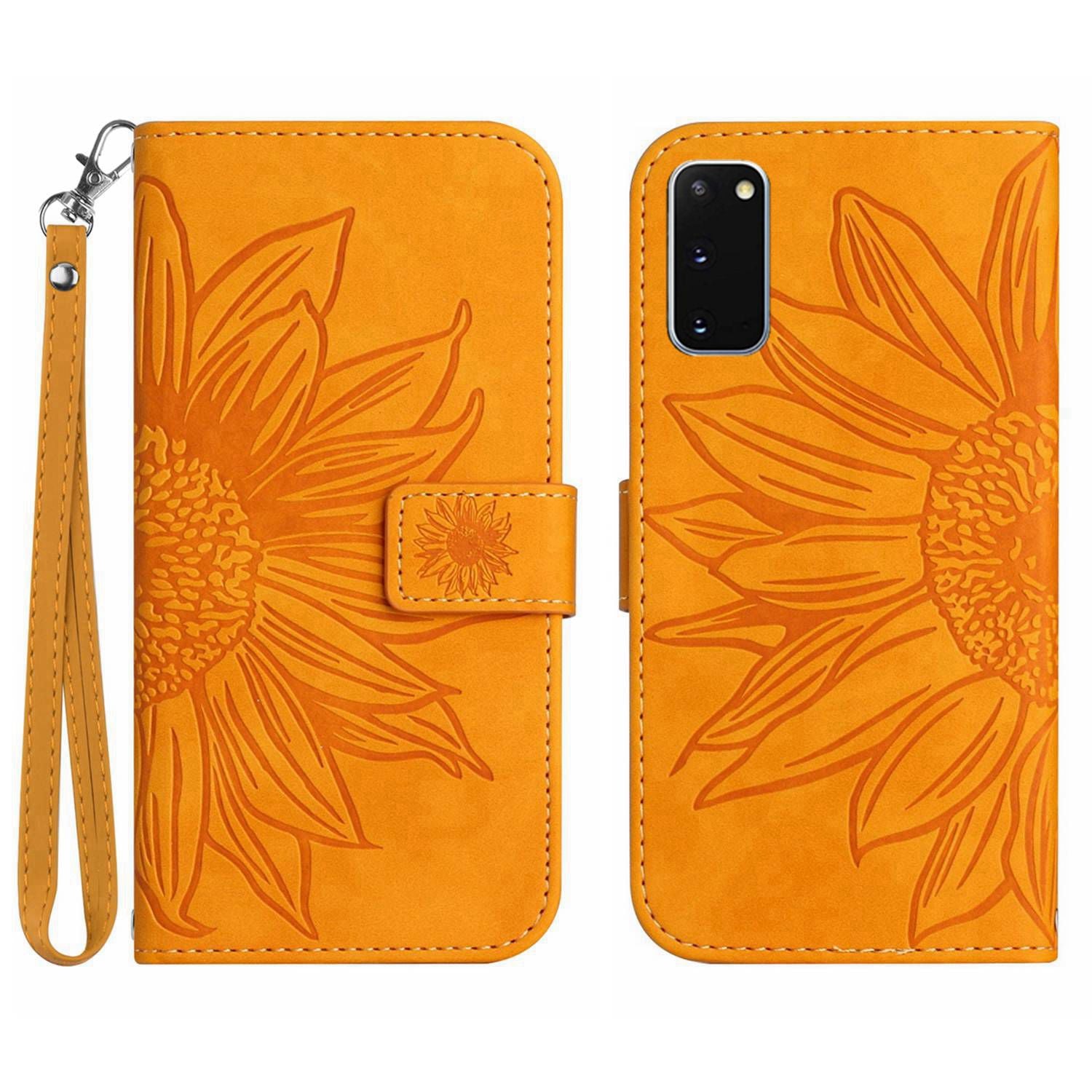 For Samsung Galaxy S20 4G / 5G HT04 Phone Case, Fully Wrapped Skin-Touch PU Leather Imprinted Sunflower Stand Wallet Cover with Hand Strap - Yellow