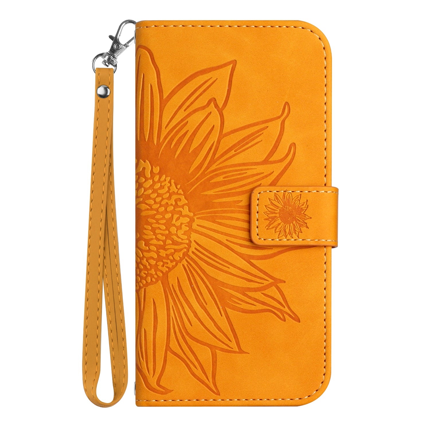 For Samsung Galaxy S20 4G / 5G HT04 Phone Case, Fully Wrapped Skin-Touch PU Leather Imprinted Sunflower Stand Wallet Cover with Hand Strap - Yellow