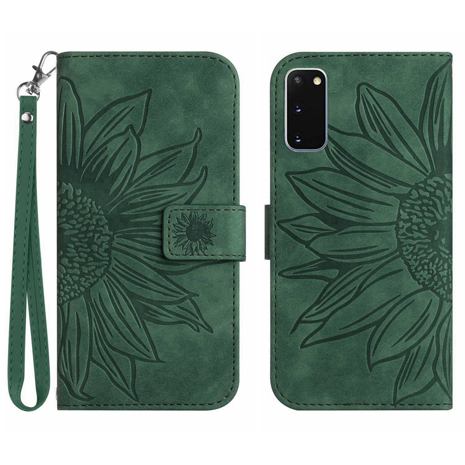 For Samsung Galaxy S20 4G / 5G HT04 Phone Case, Fully Wrapped Skin-Touch PU Leather Imprinted Sunflower Stand Wallet Cover with Hand Strap - Dark Green