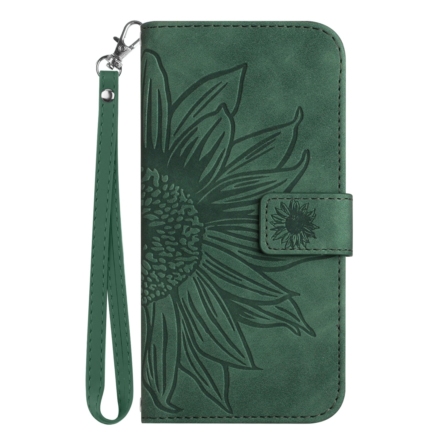 For Samsung Galaxy S20 4G / 5G HT04 Phone Case, Fully Wrapped Skin-Touch PU Leather Imprinted Sunflower Stand Wallet Cover with Hand Strap - Dark Green