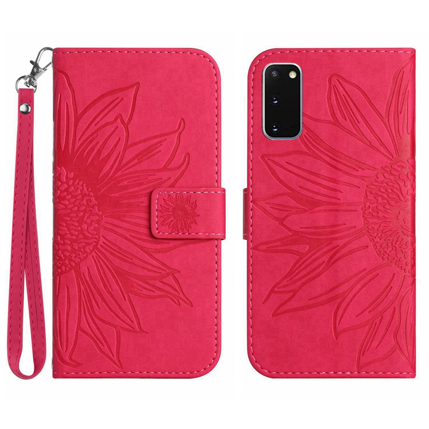 For Samsung Galaxy S20 4G / 5G HT04 Phone Case, Fully Wrapped Skin-Touch PU Leather Imprinted Sunflower Stand Wallet Cover with Hand Strap - Rose