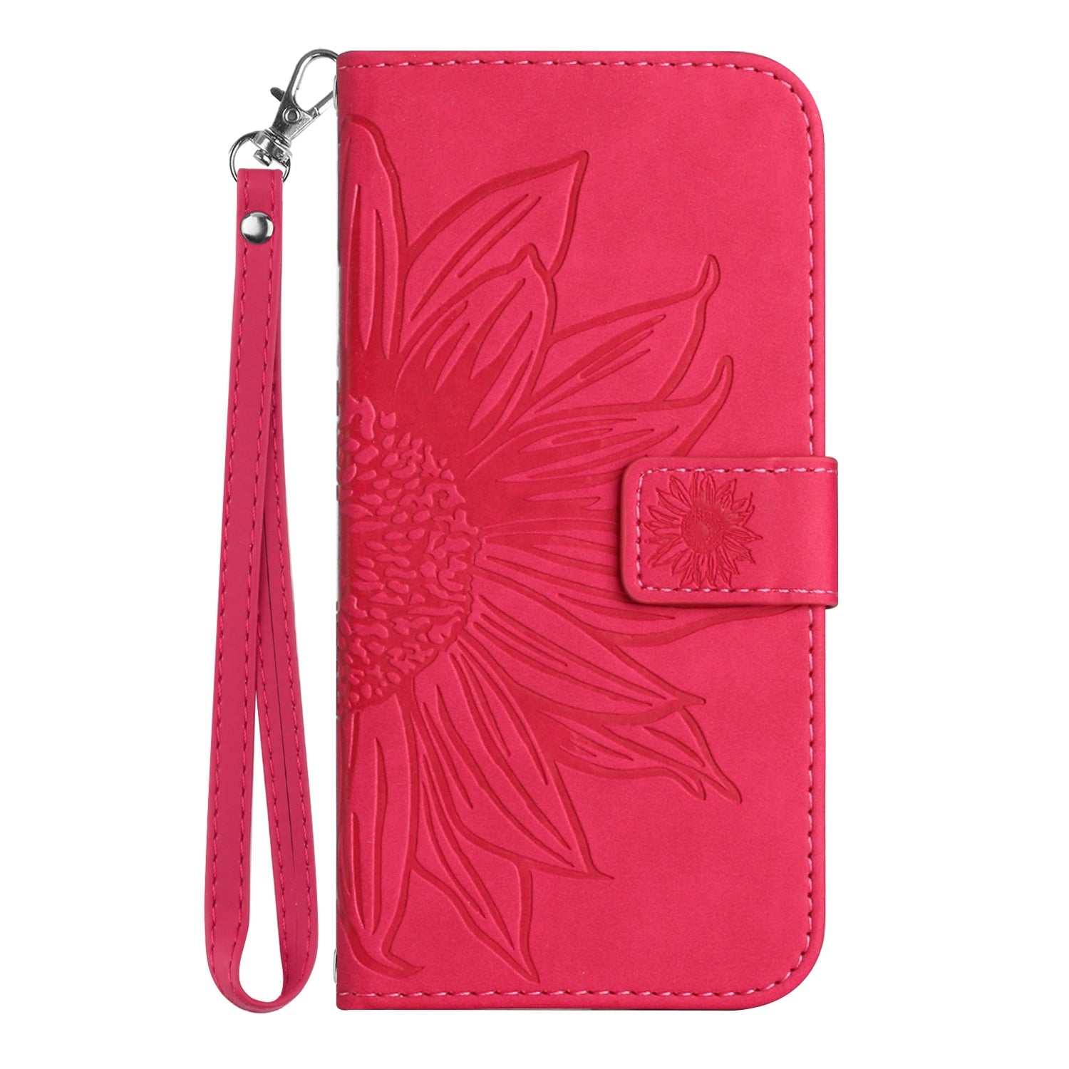 For Samsung Galaxy S20 4G / 5G HT04 Phone Case, Fully Wrapped Skin-Touch PU Leather Imprinted Sunflower Stand Wallet Cover with Hand Strap - Rose