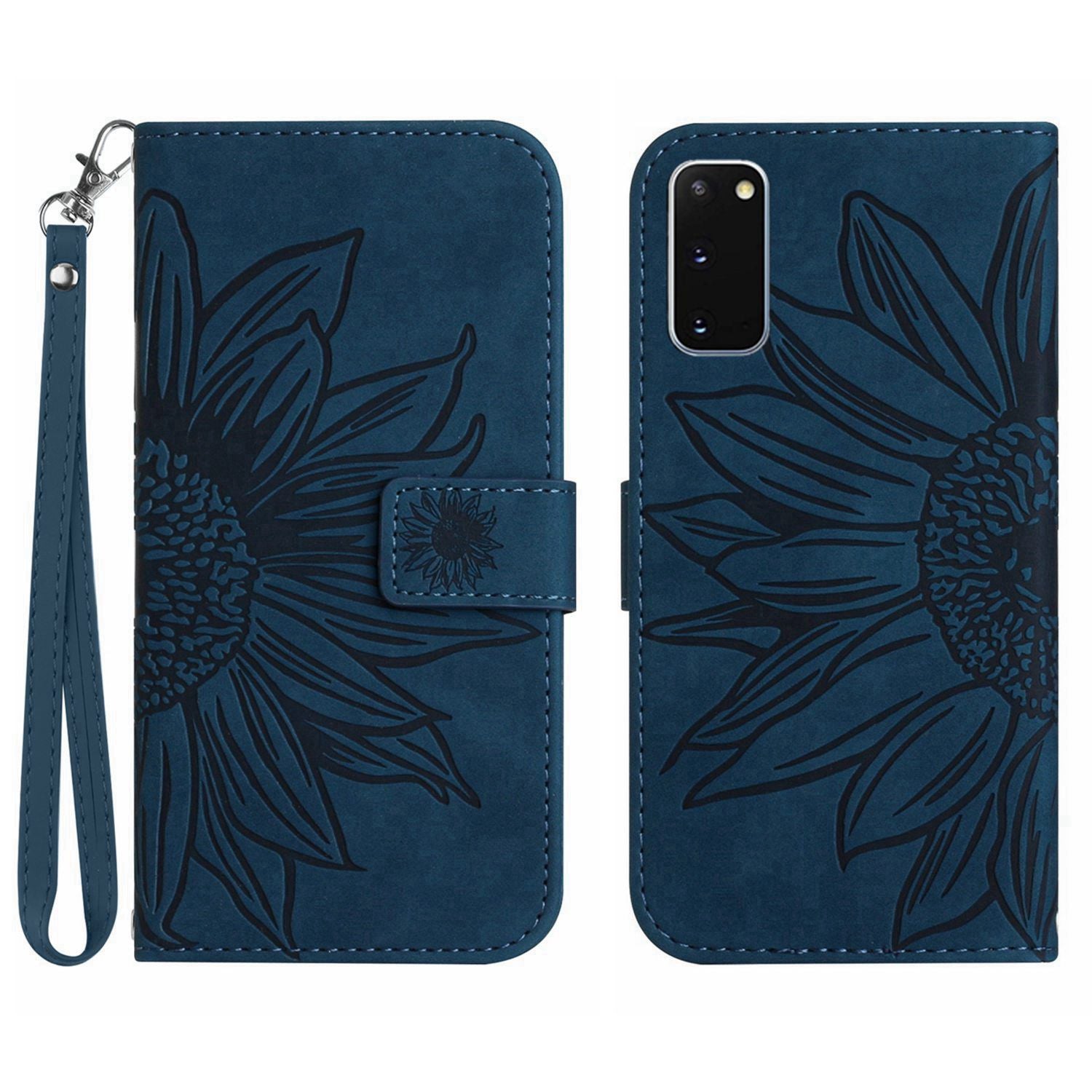 For Samsung Galaxy S20 4G / 5G HT04 Phone Case, Fully Wrapped Skin-Touch PU Leather Imprinted Sunflower Stand Wallet Cover with Hand Strap - Dark Blue