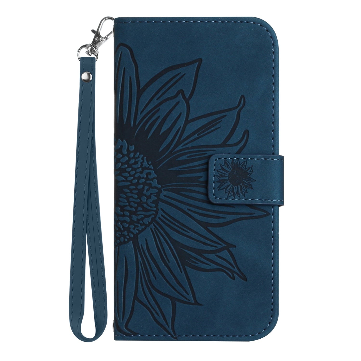 For Samsung Galaxy S20 4G / 5G HT04 Phone Case, Fully Wrapped Skin-Touch PU Leather Imprinted Sunflower Stand Wallet Cover with Hand Strap - Dark Blue