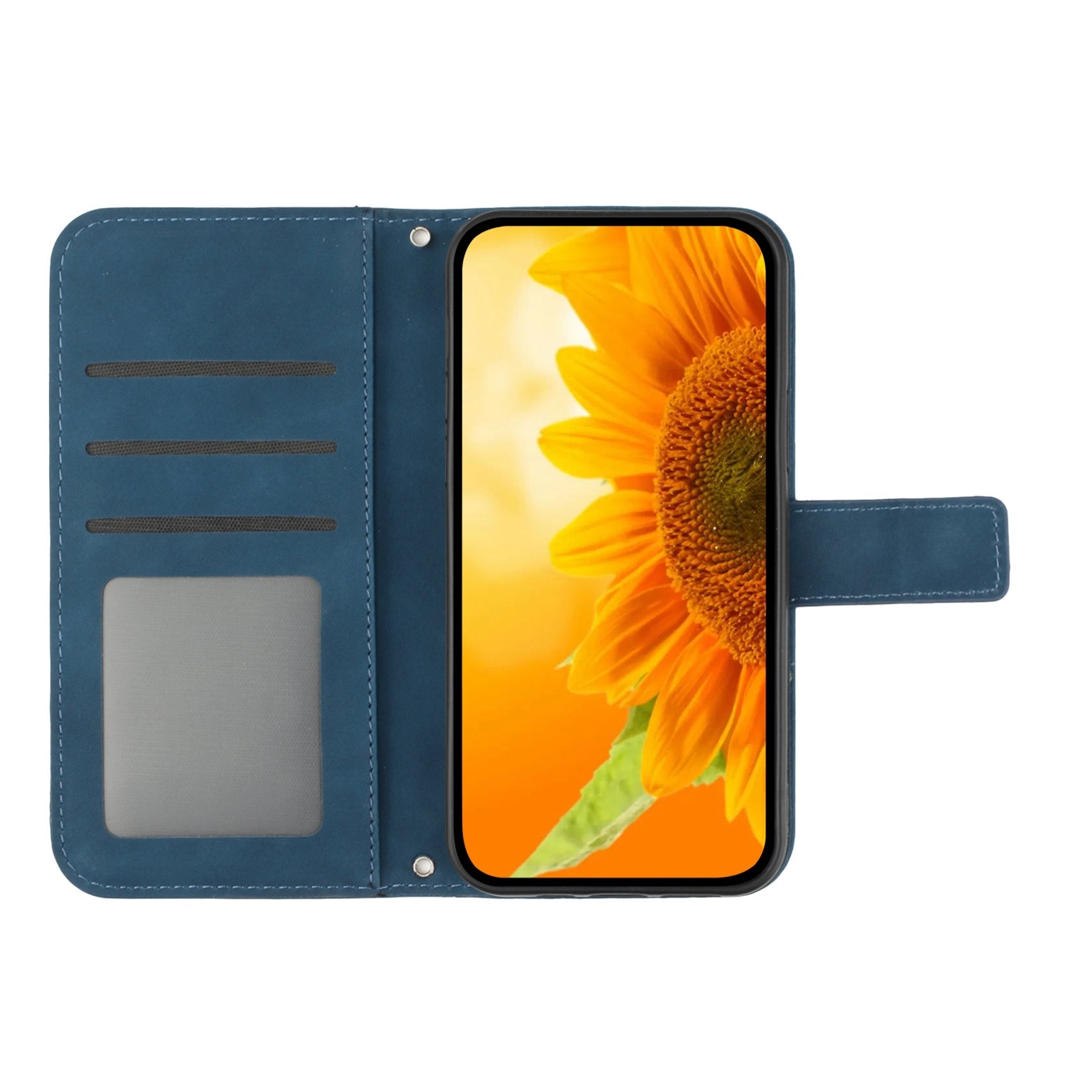 For Samsung Galaxy S20 4G / 5G HT04 Phone Case, Fully Wrapped Skin-Touch PU Leather Imprinted Sunflower Stand Wallet Cover with Hand Strap - Dark Blue