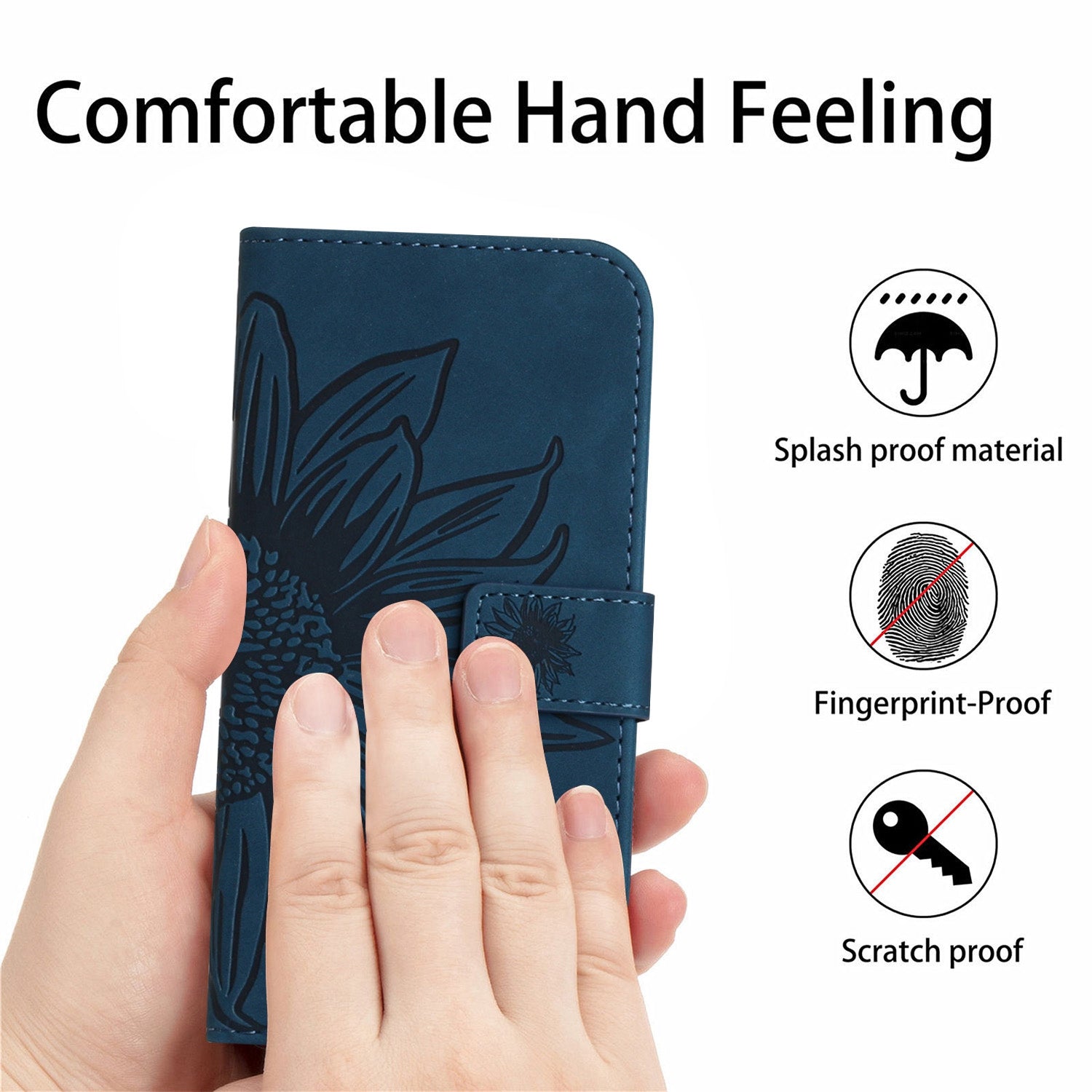 For Samsung Galaxy S20 4G / 5G HT04 Phone Case, Fully Wrapped Skin-Touch PU Leather Imprinted Sunflower Stand Wallet Cover with Hand Strap - Dark Blue