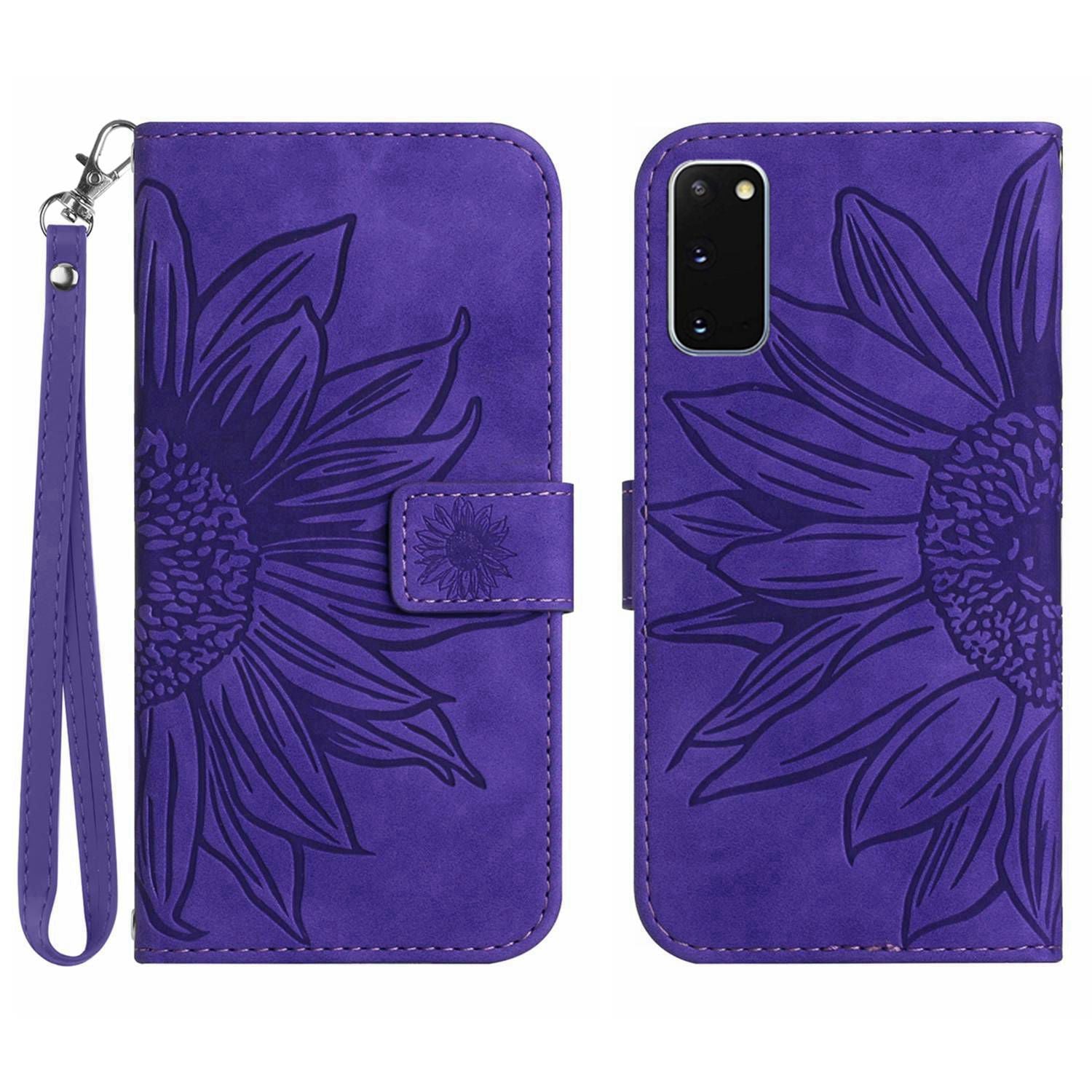 For Samsung Galaxy S20 4G / 5G HT04 Phone Case, Fully Wrapped Skin-Touch PU Leather Imprinted Sunflower Stand Wallet Cover with Hand Strap - Dark Purple