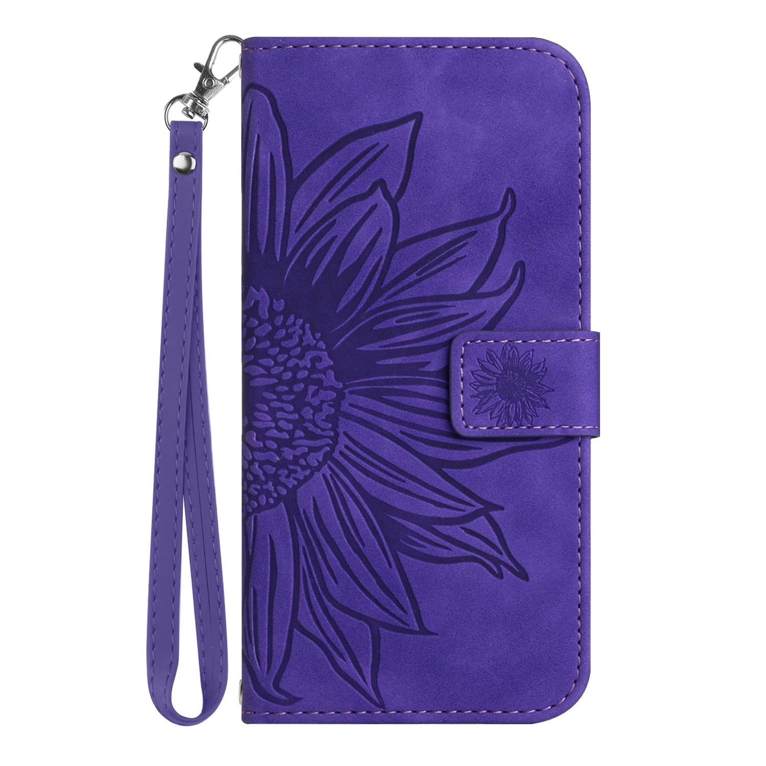 For Samsung Galaxy S20 4G / 5G HT04 Phone Case, Fully Wrapped Skin-Touch PU Leather Imprinted Sunflower Stand Wallet Cover with Hand Strap - Dark Purple