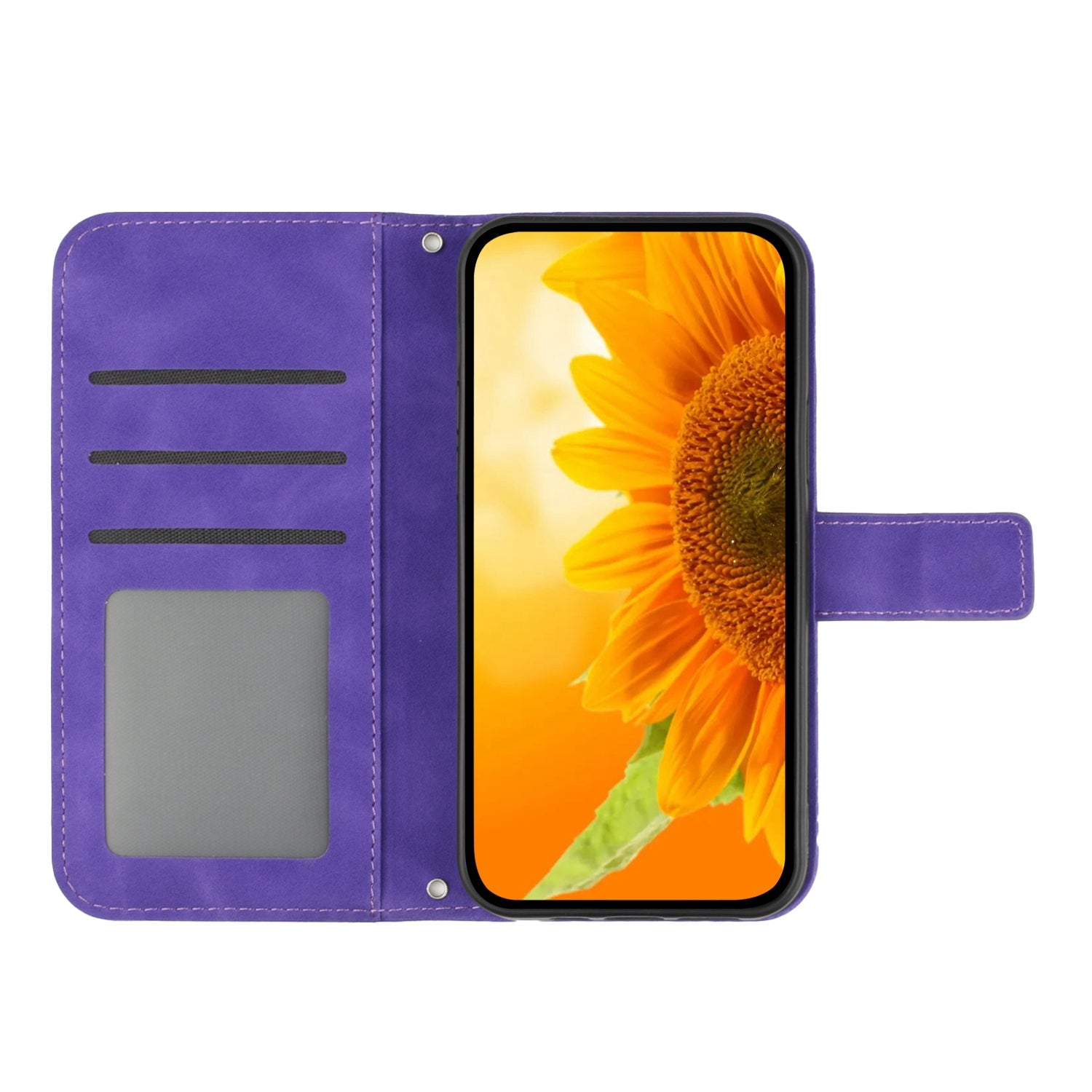 For Samsung Galaxy S20 4G / 5G HT04 Phone Case, Fully Wrapped Skin-Touch PU Leather Imprinted Sunflower Stand Wallet Cover with Hand Strap - Dark Purple