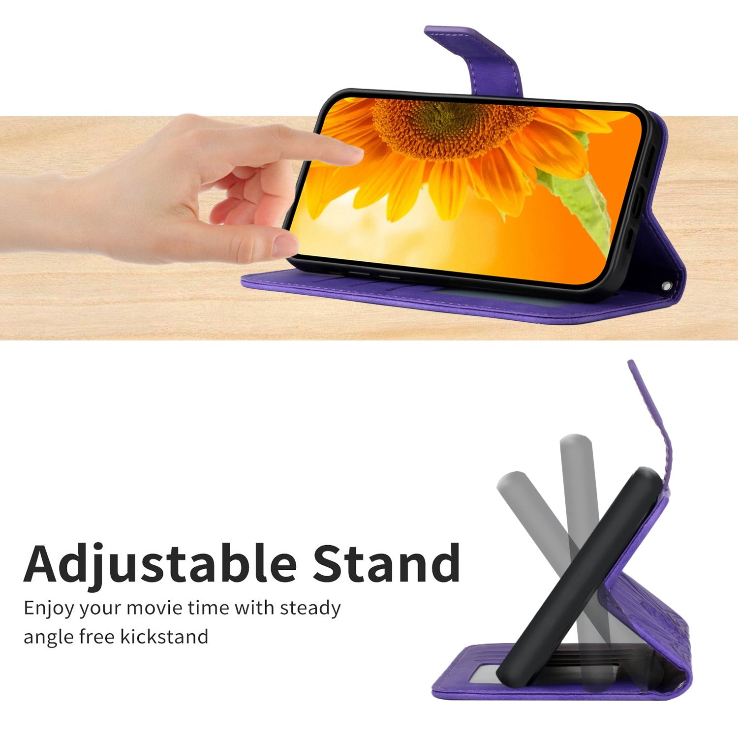 For Samsung Galaxy S20 4G / 5G HT04 Phone Case, Fully Wrapped Skin-Touch PU Leather Imprinted Sunflower Stand Wallet Cover with Hand Strap - Dark Purple