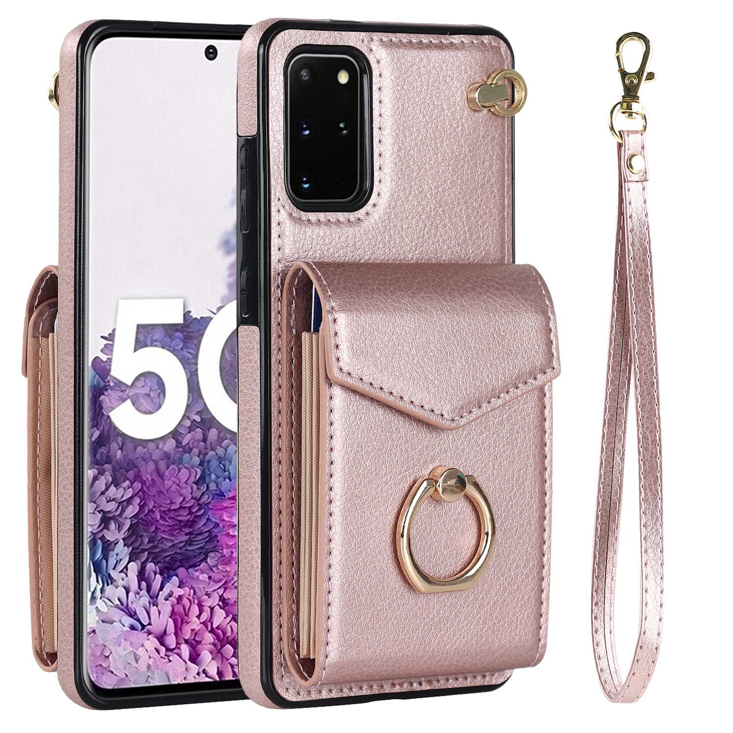 For Samsung Galaxy S20 4G / 5G Accordion Style Card Bag RFID Blocking Protective Cover PU Leather+TPU Ring Kickstand Anti-drop Case with Strap - Rose Gold