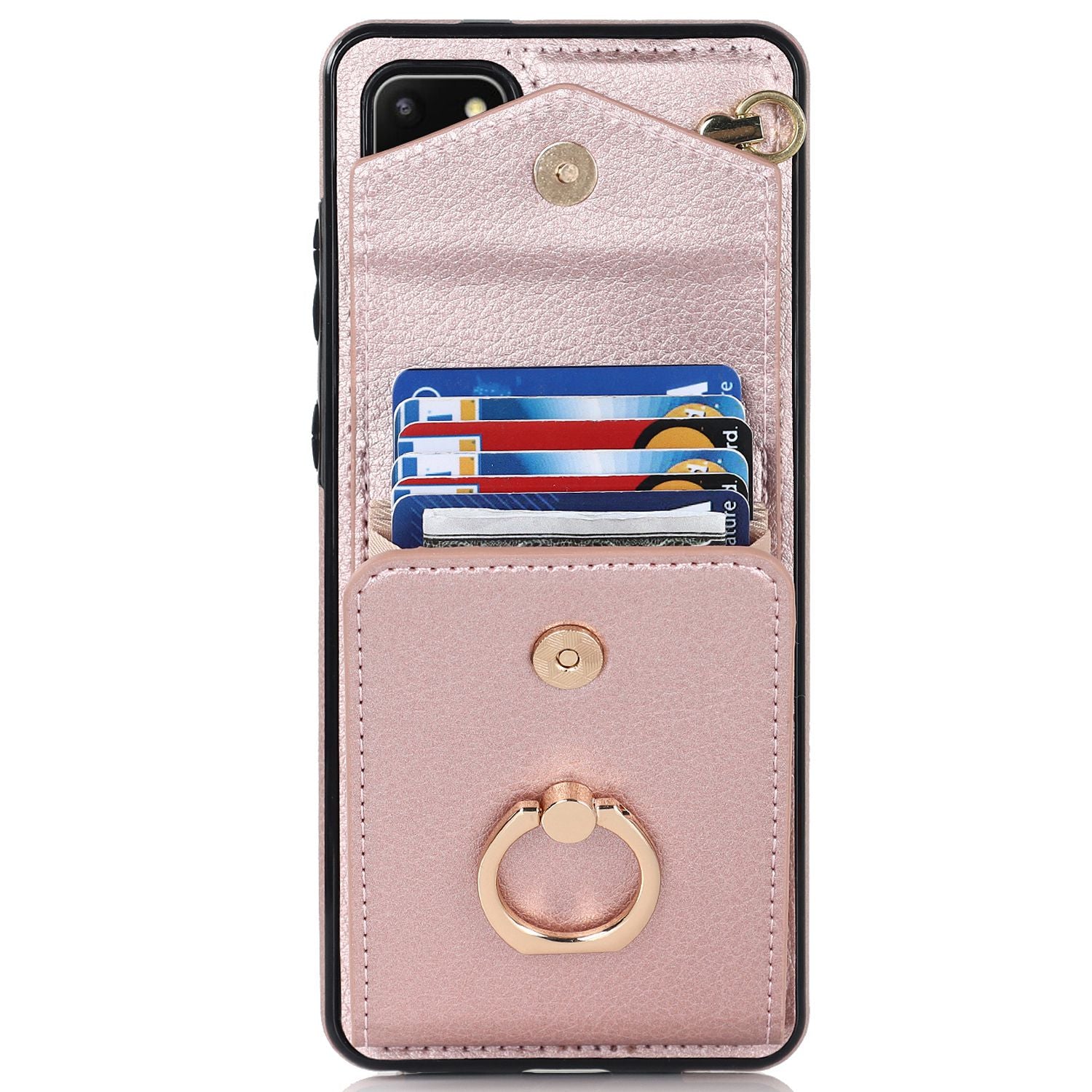 For Samsung Galaxy S20 4G / 5G Accordion Style Card Bag RFID Blocking Protective Cover PU Leather+TPU Ring Kickstand Anti-drop Case with Strap - Rose Gold