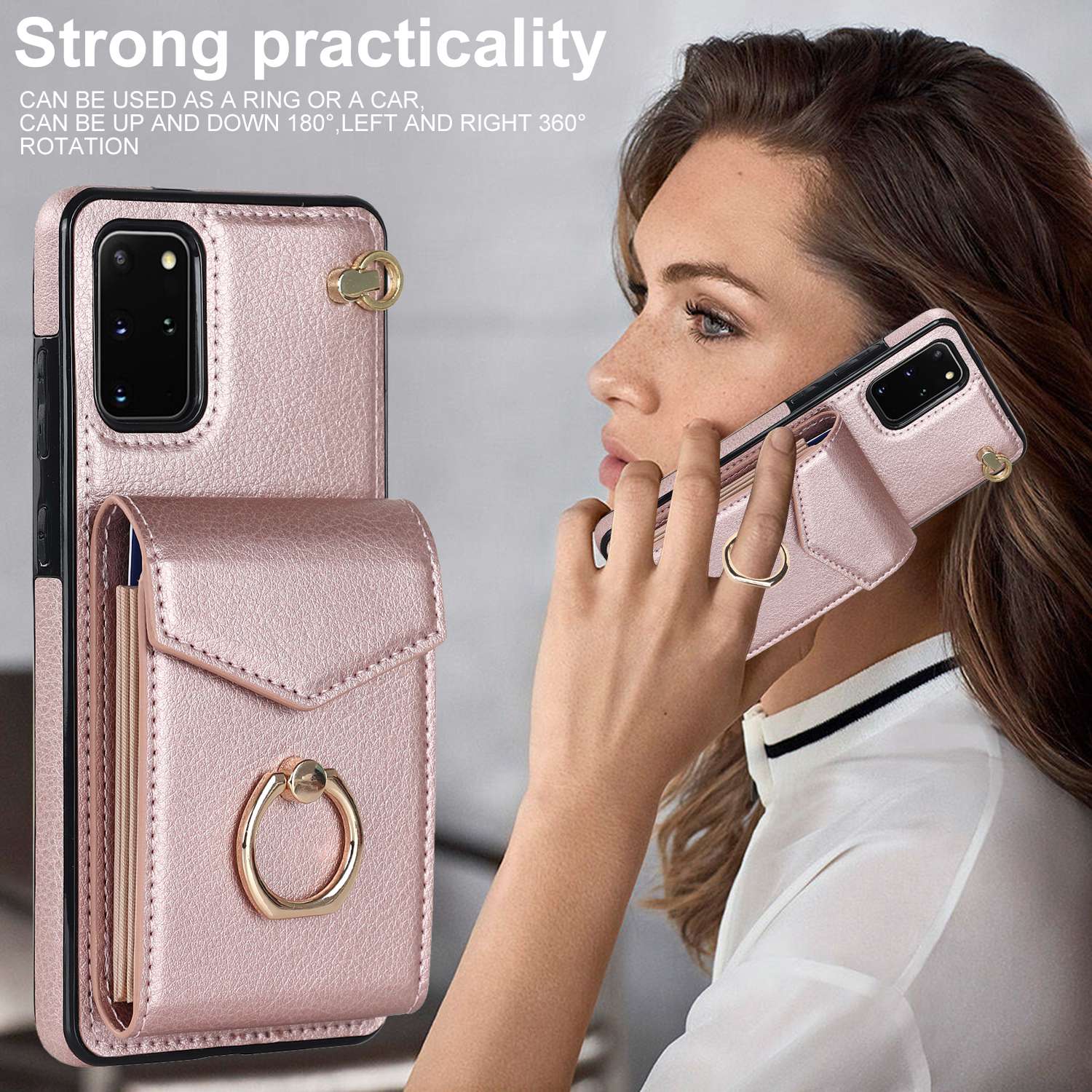 For Samsung Galaxy S20 4G / 5G Accordion Style Card Bag RFID Blocking Protective Cover PU Leather+TPU Ring Kickstand Anti-drop Case with Strap - Rose Gold