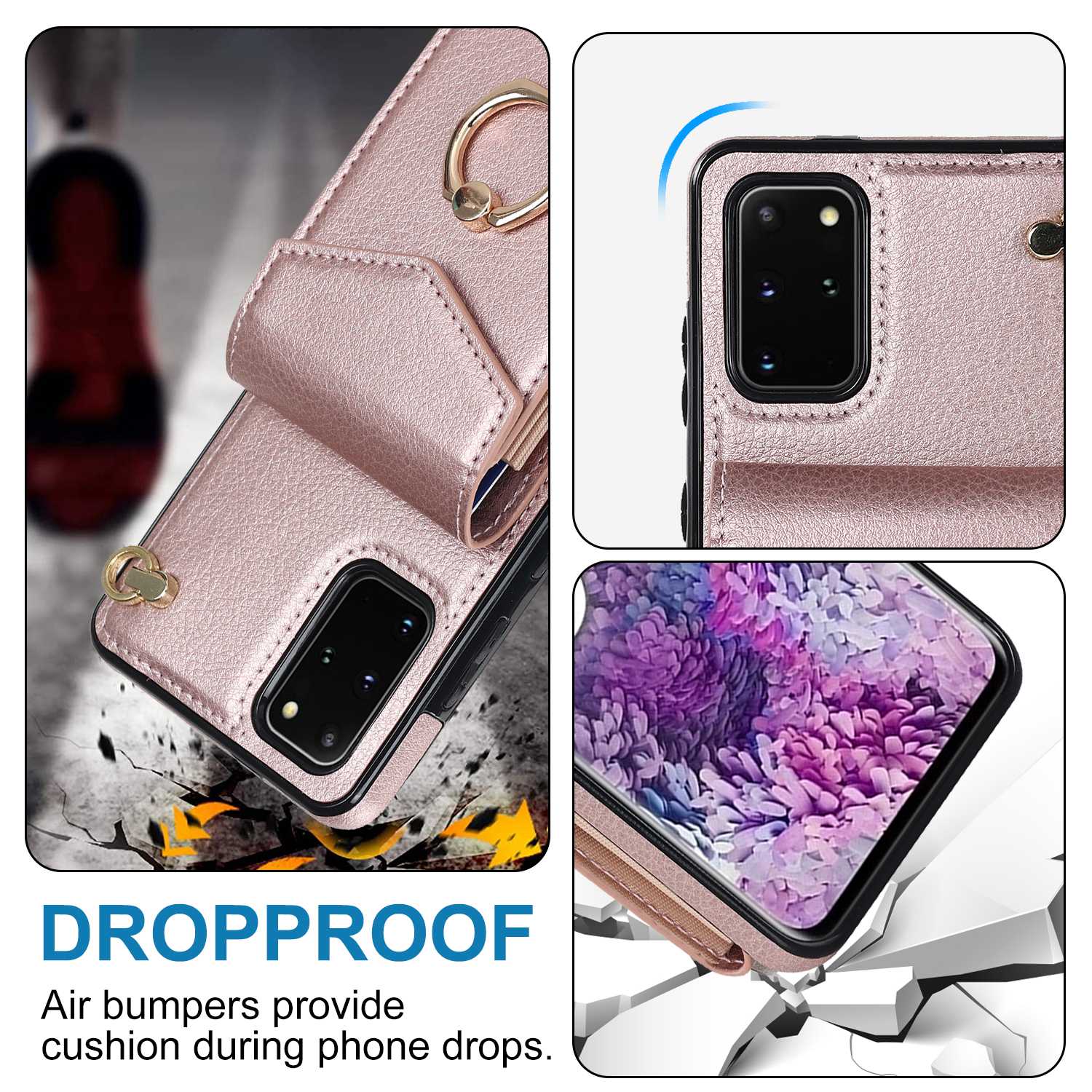 For Samsung Galaxy S20 4G / 5G Accordion Style Card Bag RFID Blocking Protective Cover PU Leather+TPU Ring Kickstand Anti-drop Case with Strap - Rose Gold