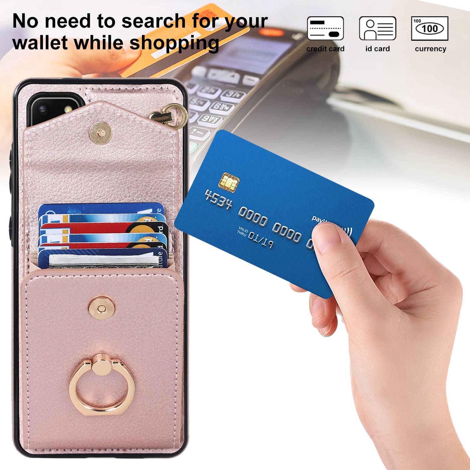 For Samsung Galaxy S20 4G / 5G Accordion Style Card Bag RFID Blocking Protective Cover PU Leather+TPU Ring Kickstand Anti-drop Case with Strap - Rose Gold