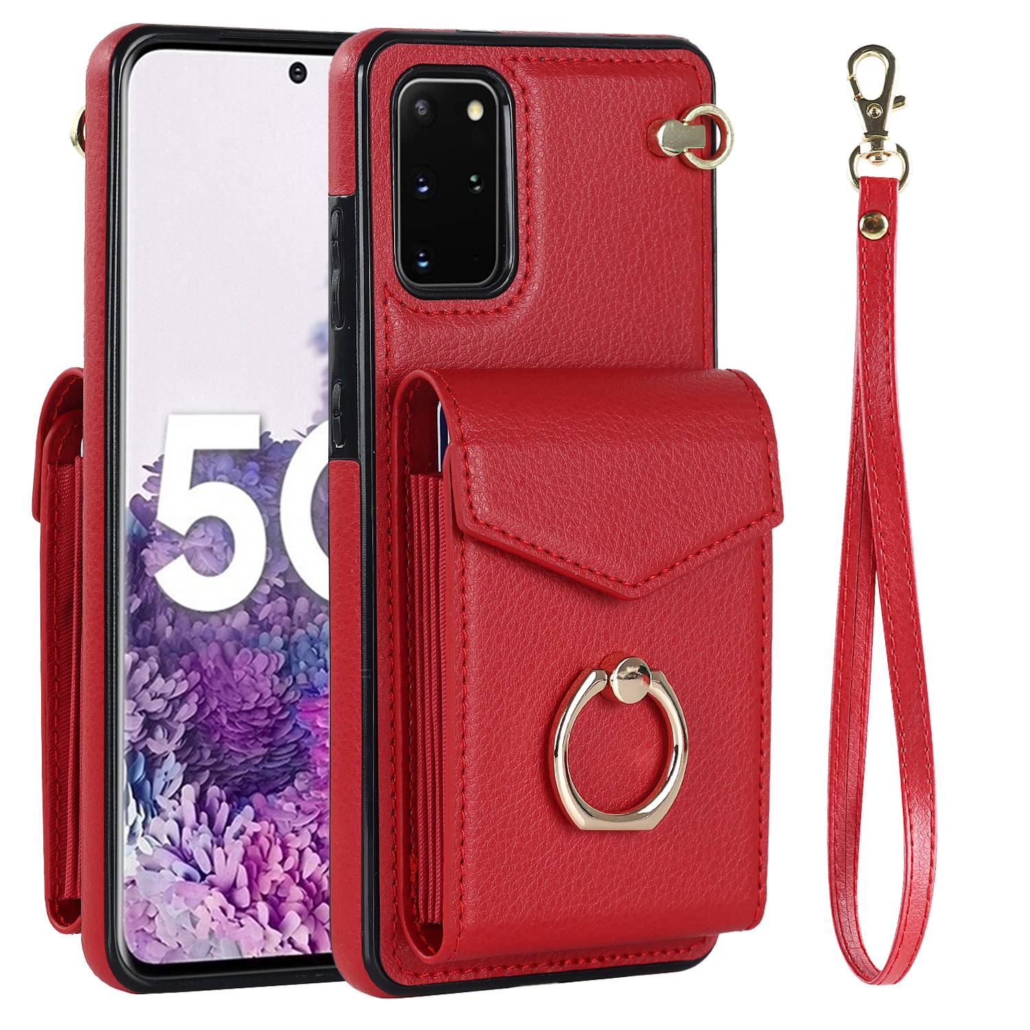 For Samsung Galaxy S20 4G / 5G Accordion Style Card Bag RFID Blocking Protective Cover PU Leather+TPU Ring Kickstand Anti-drop Case with Strap - Red