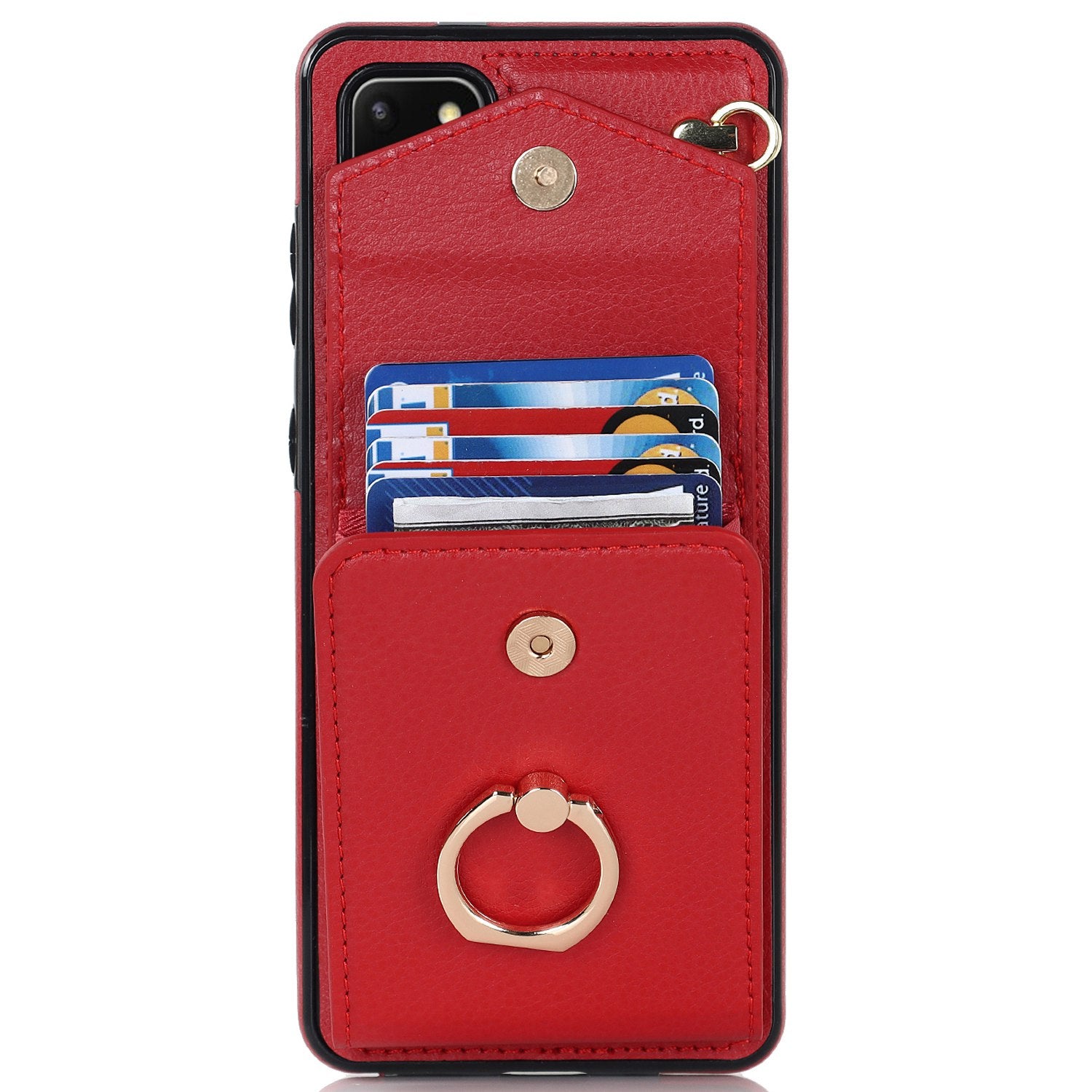 For Samsung Galaxy S20 4G / 5G Accordion Style Card Bag RFID Blocking Protective Cover PU Leather+TPU Ring Kickstand Anti-drop Case with Strap - Red