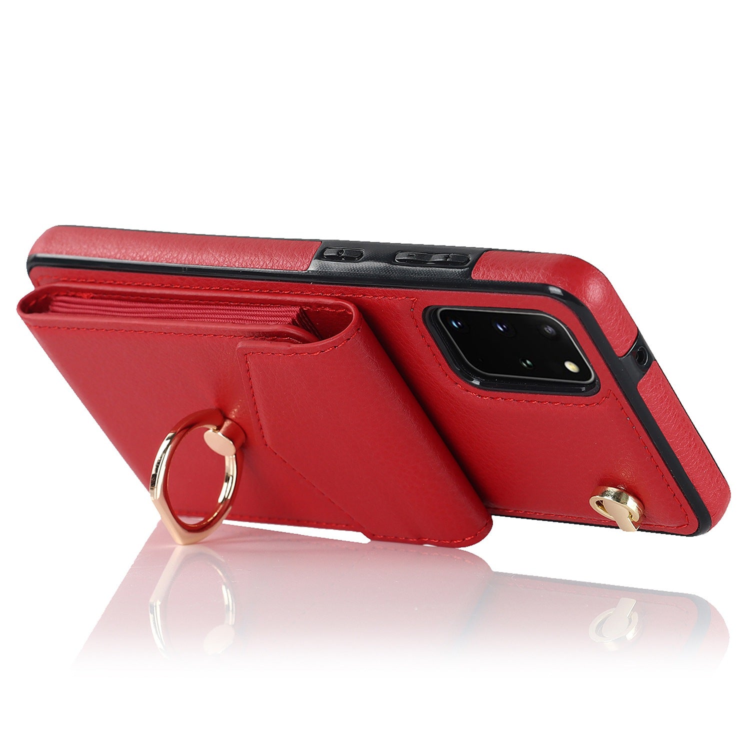 For Samsung Galaxy S20 4G / 5G Accordion Style Card Bag RFID Blocking Protective Cover PU Leather+TPU Ring Kickstand Anti-drop Case with Strap - Red