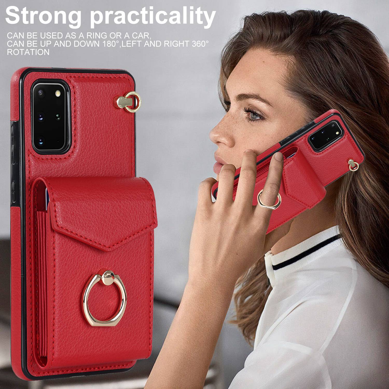 For Samsung Galaxy S20 4G / 5G Accordion Style Card Bag RFID Blocking Protective Cover PU Leather+TPU Ring Kickstand Anti-drop Case with Strap - Red