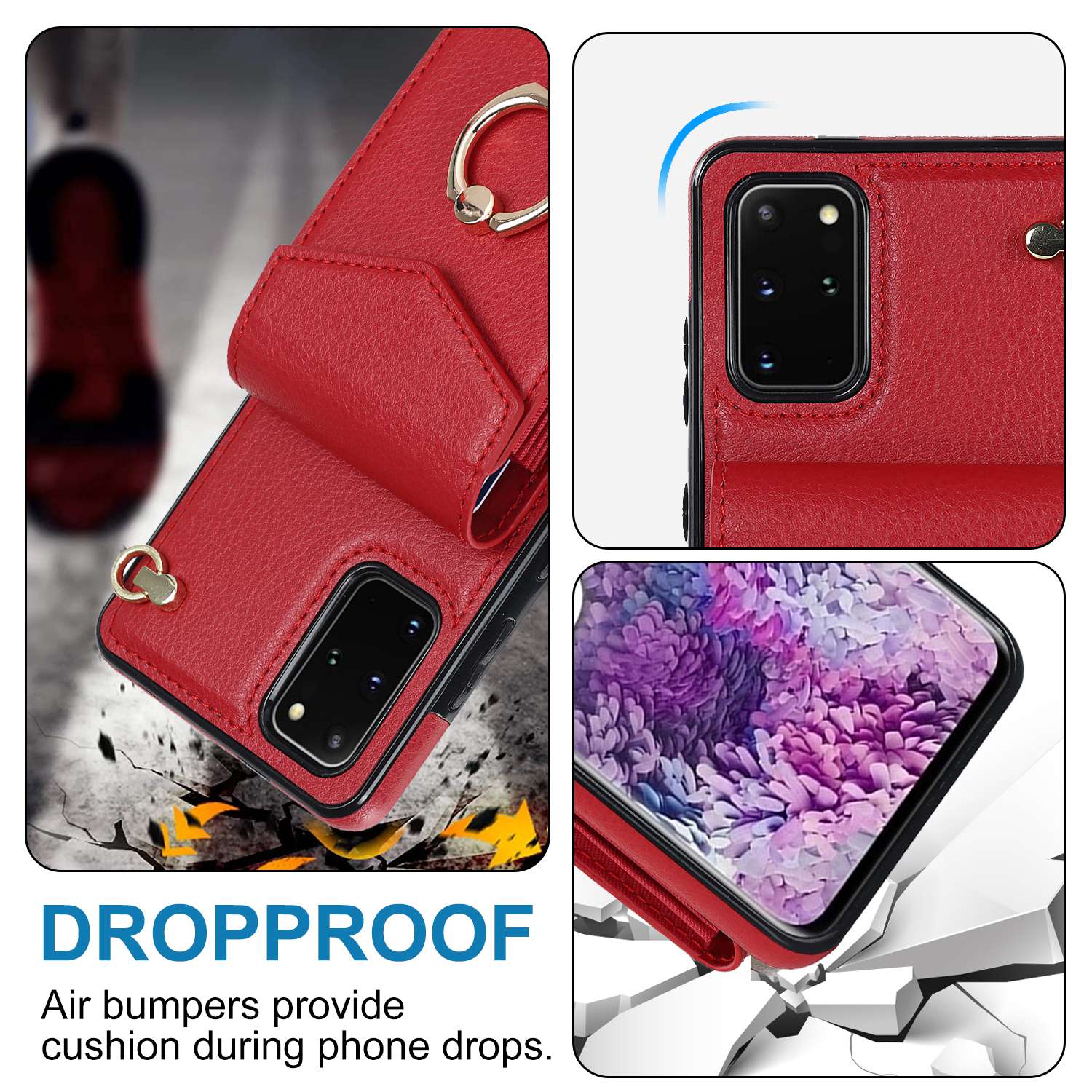 For Samsung Galaxy S20 4G / 5G Accordion Style Card Bag RFID Blocking Protective Cover PU Leather+TPU Ring Kickstand Anti-drop Case with Strap - Red