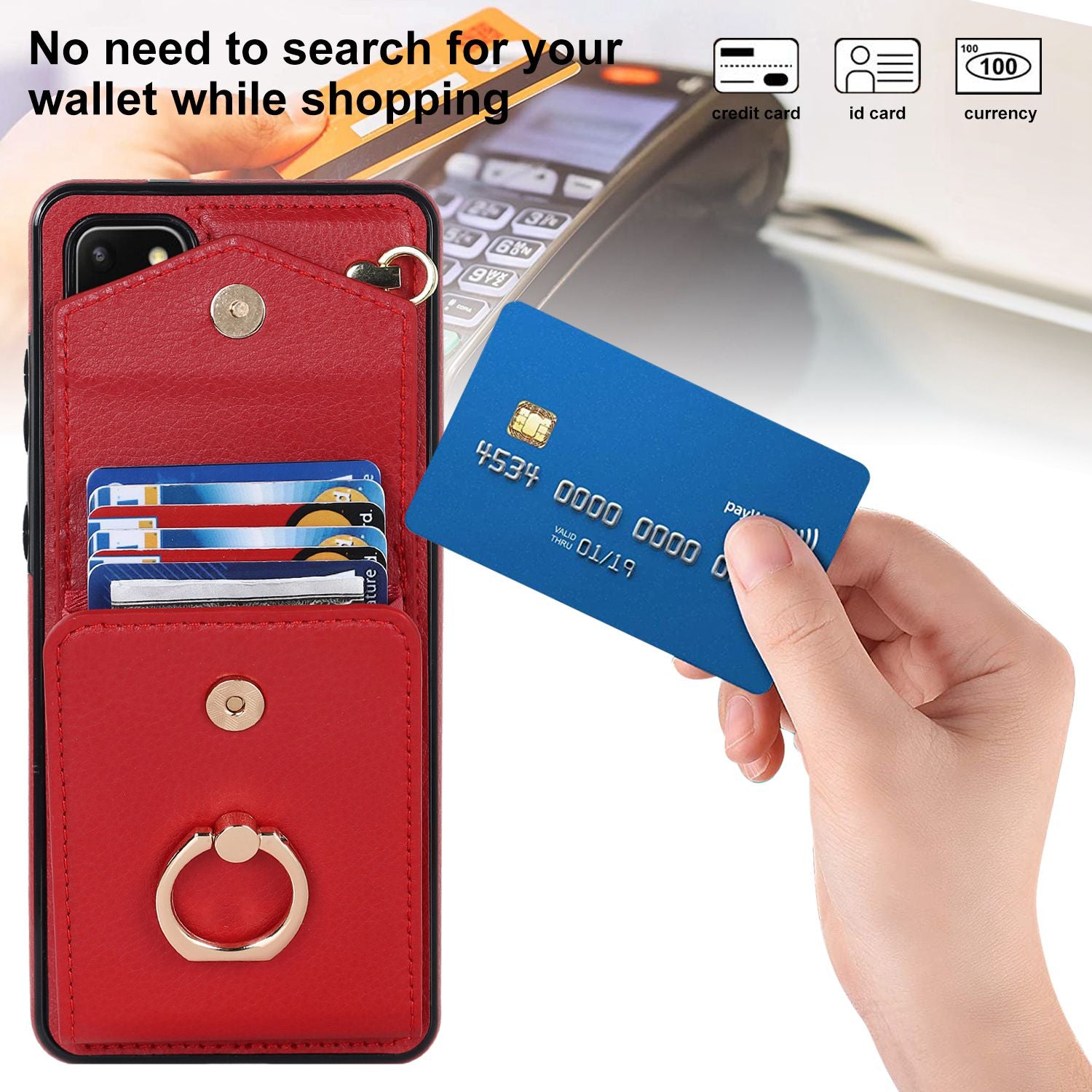 For Samsung Galaxy S20 4G / 5G Accordion Style Card Bag RFID Blocking Protective Cover PU Leather+TPU Ring Kickstand Anti-drop Case with Strap - Red