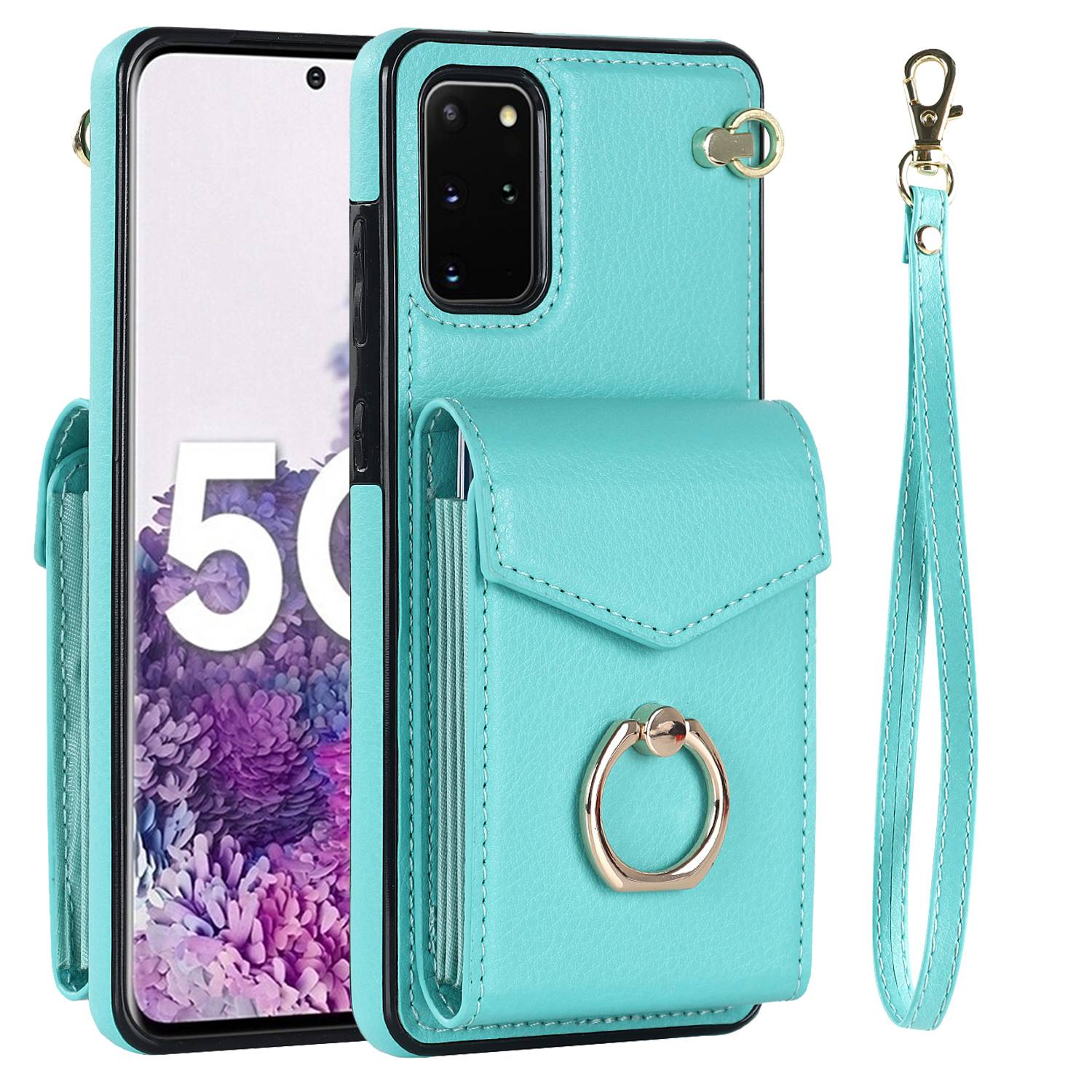 For Samsung Galaxy S20 4G / 5G Accordion Style Card Bag RFID Blocking Protective Cover PU Leather+TPU Ring Kickstand Anti-drop Case with Strap - Mint Green