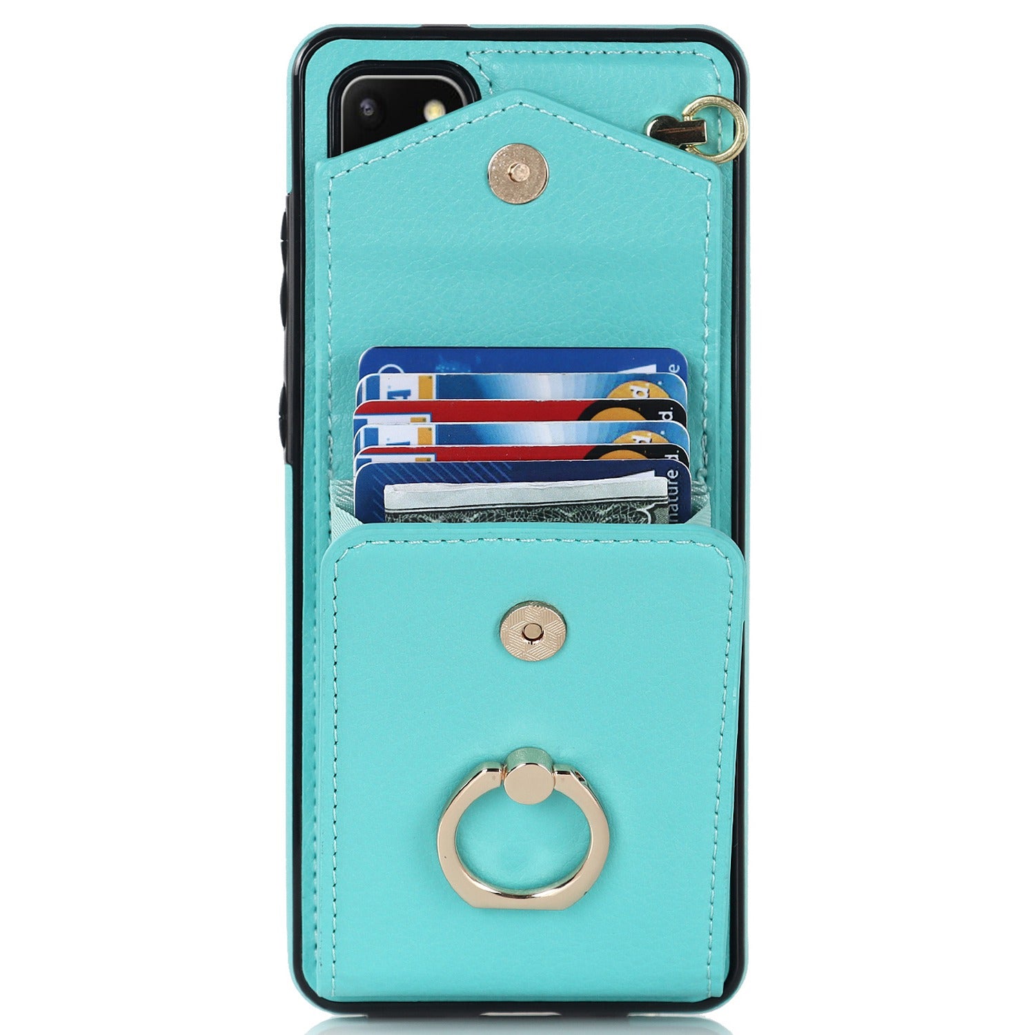 For Samsung Galaxy S20 4G / 5G Accordion Style Card Bag RFID Blocking Protective Cover PU Leather+TPU Ring Kickstand Anti-drop Case with Strap - Mint Green