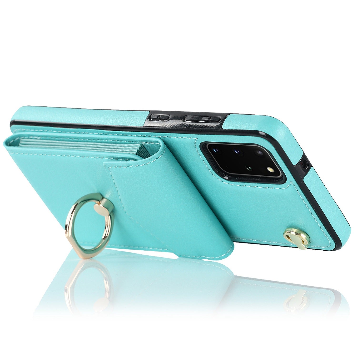 For Samsung Galaxy S20 4G / 5G Accordion Style Card Bag RFID Blocking Protective Cover PU Leather+TPU Ring Kickstand Anti-drop Case with Strap - Mint Green