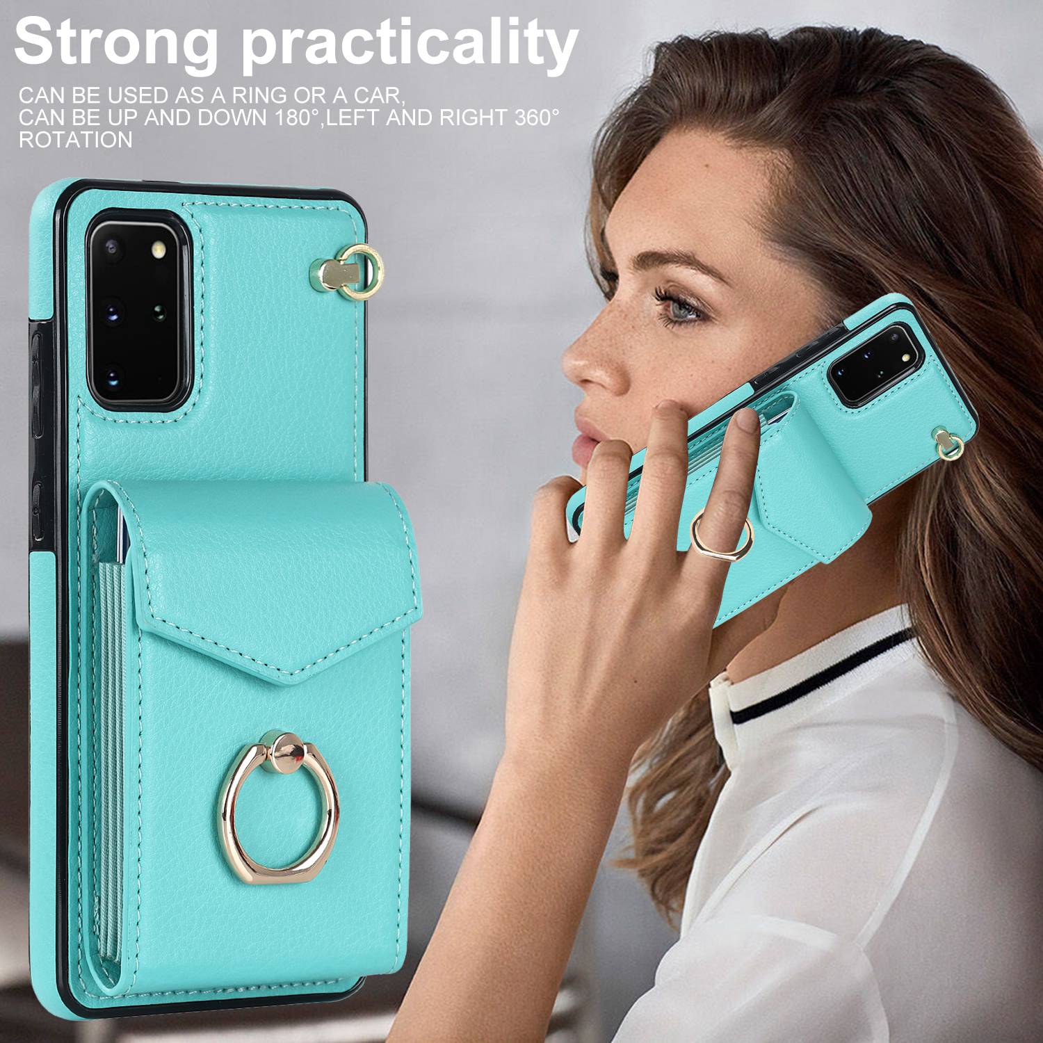 For Samsung Galaxy S20 4G / 5G Accordion Style Card Bag RFID Blocking Protective Cover PU Leather+TPU Ring Kickstand Anti-drop Case with Strap - Mint Green