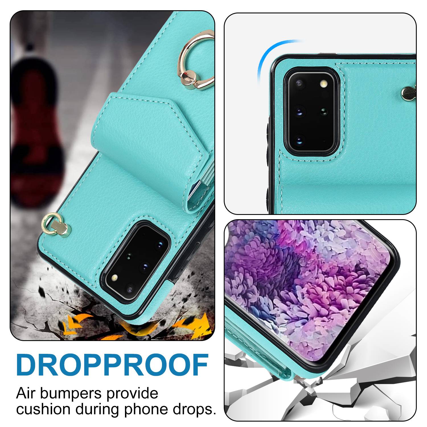 For Samsung Galaxy S20 4G / 5G Accordion Style Card Bag RFID Blocking Protective Cover PU Leather+TPU Ring Kickstand Anti-drop Case with Strap - Mint Green