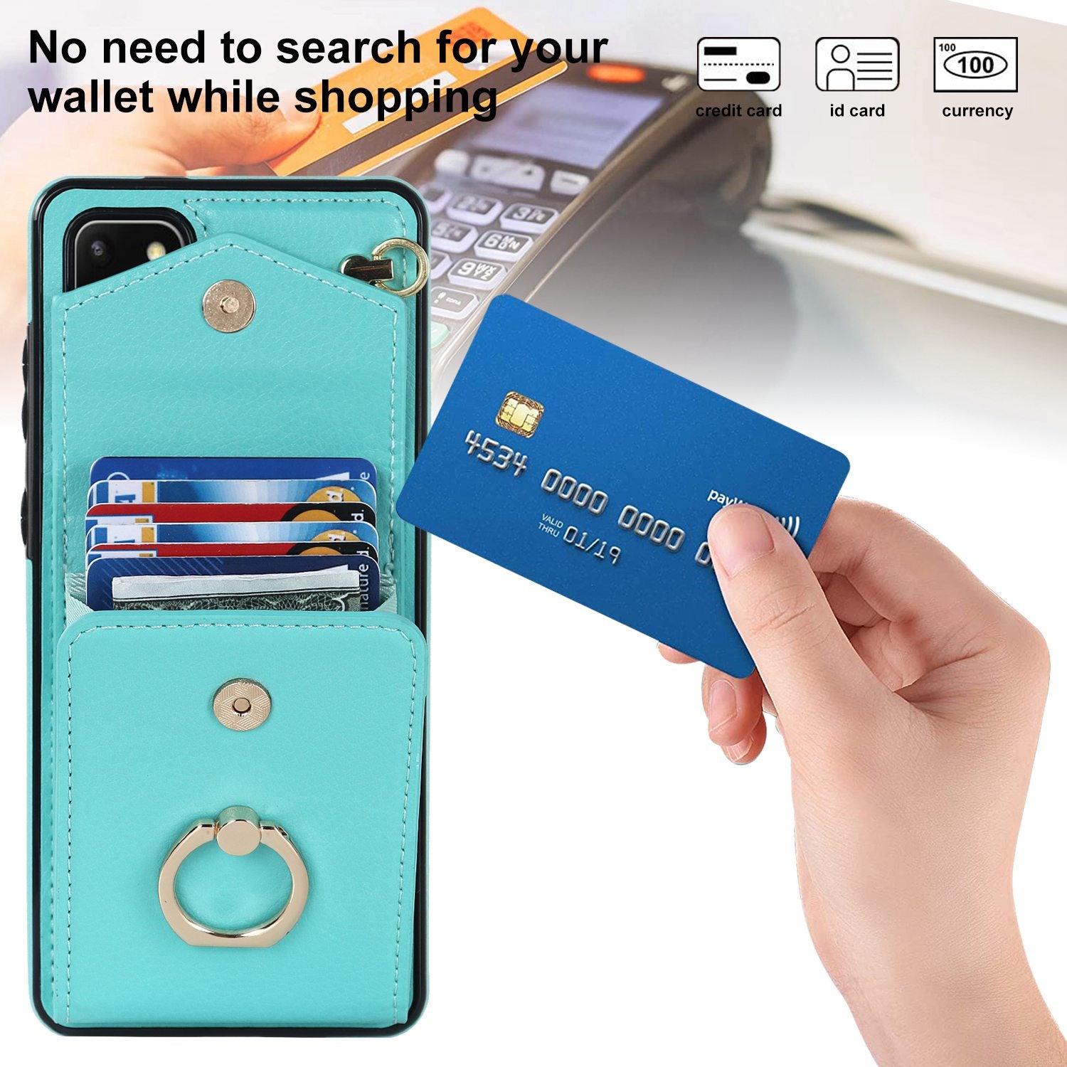 For Samsung Galaxy S20 4G / 5G Accordion Style Card Bag RFID Blocking Protective Cover PU Leather+TPU Ring Kickstand Anti-drop Case with Strap - Mint Green