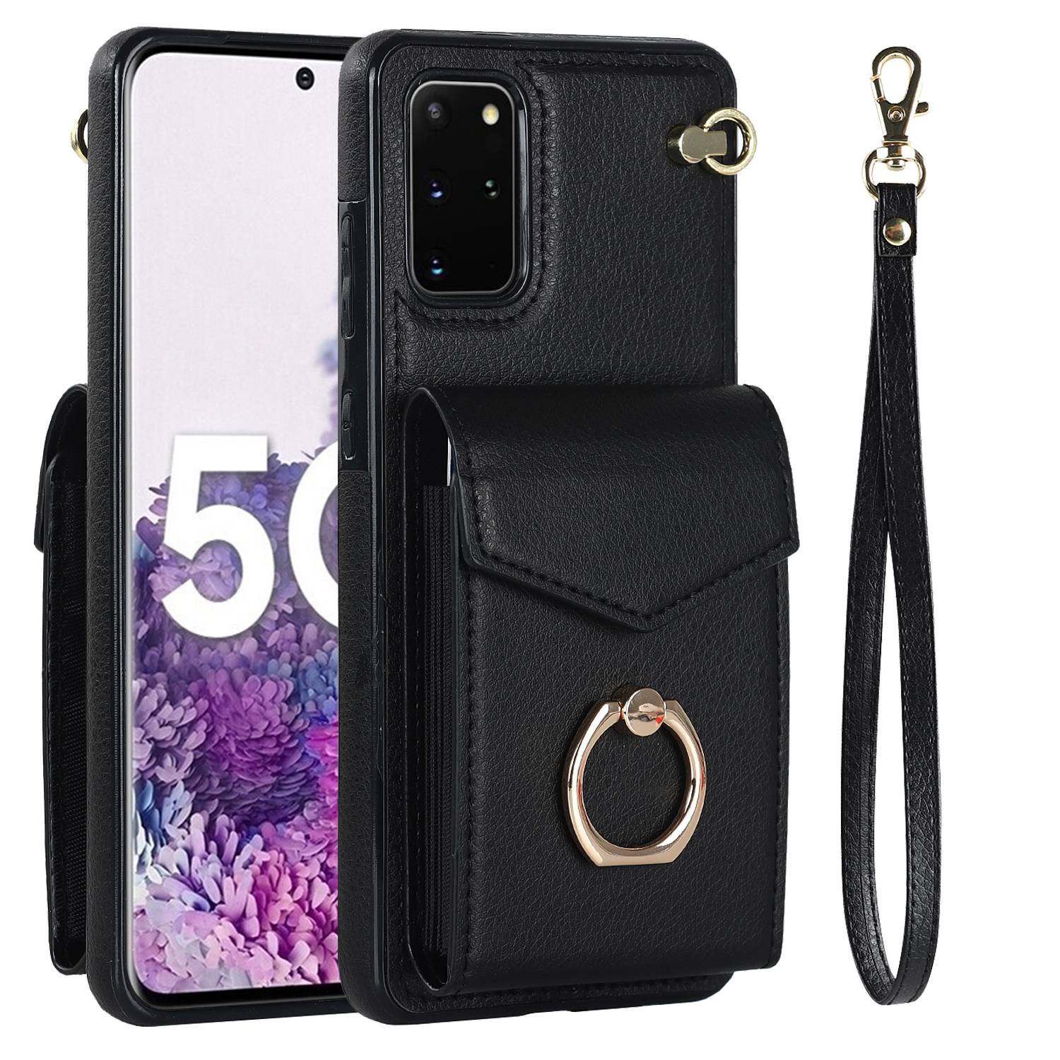 For Samsung Galaxy S20 4G / 5G Accordion Style Card Bag RFID Blocking Protective Cover PU Leather+TPU Ring Kickstand Anti-drop Case with Strap - Black