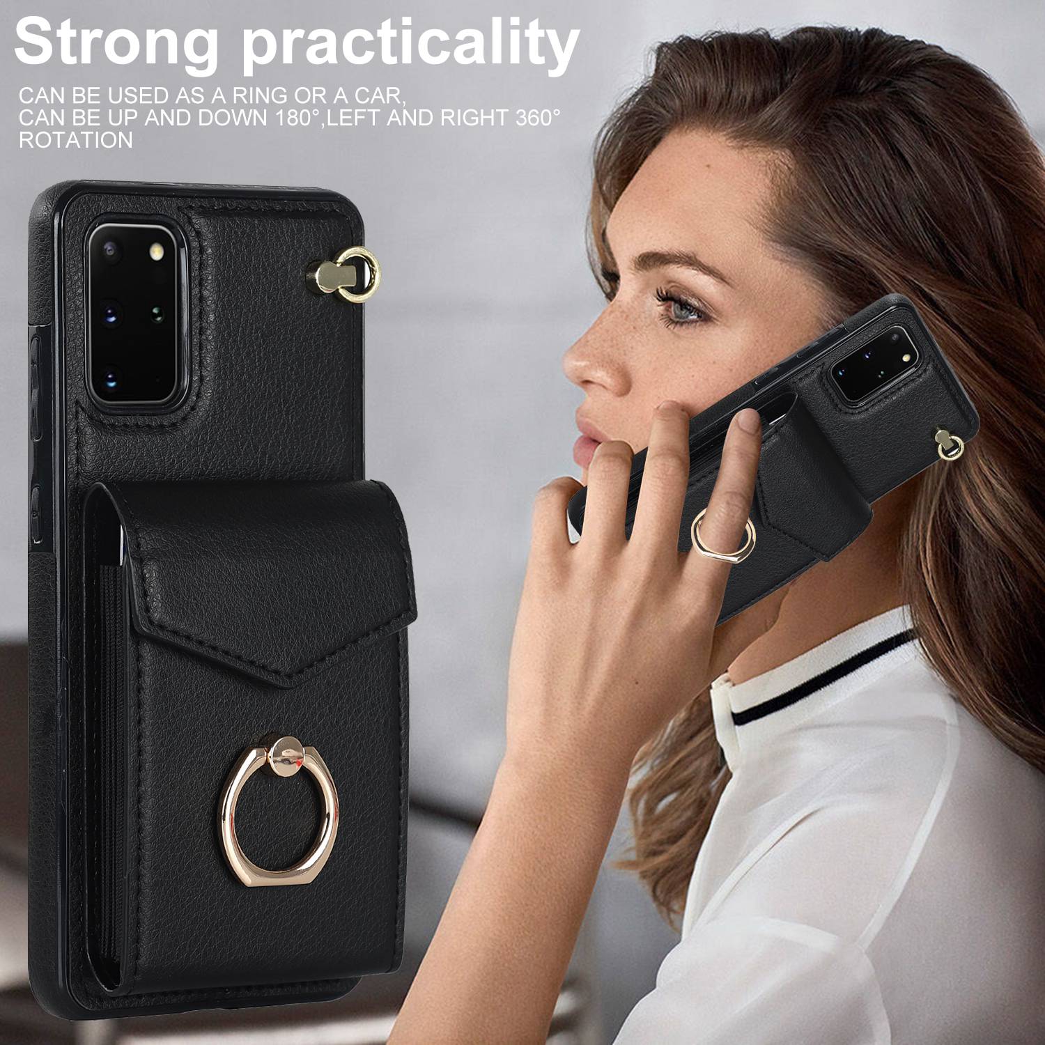 For Samsung Galaxy S20 4G / 5G Accordion Style Card Bag RFID Blocking Protective Cover PU Leather+TPU Ring Kickstand Anti-drop Case with Strap - Black