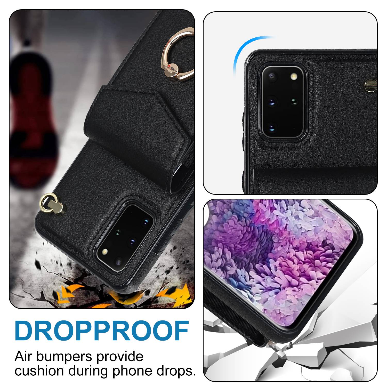 For Samsung Galaxy S20 4G / 5G Accordion Style Card Bag RFID Blocking Protective Cover PU Leather+TPU Ring Kickstand Anti-drop Case with Strap - Black