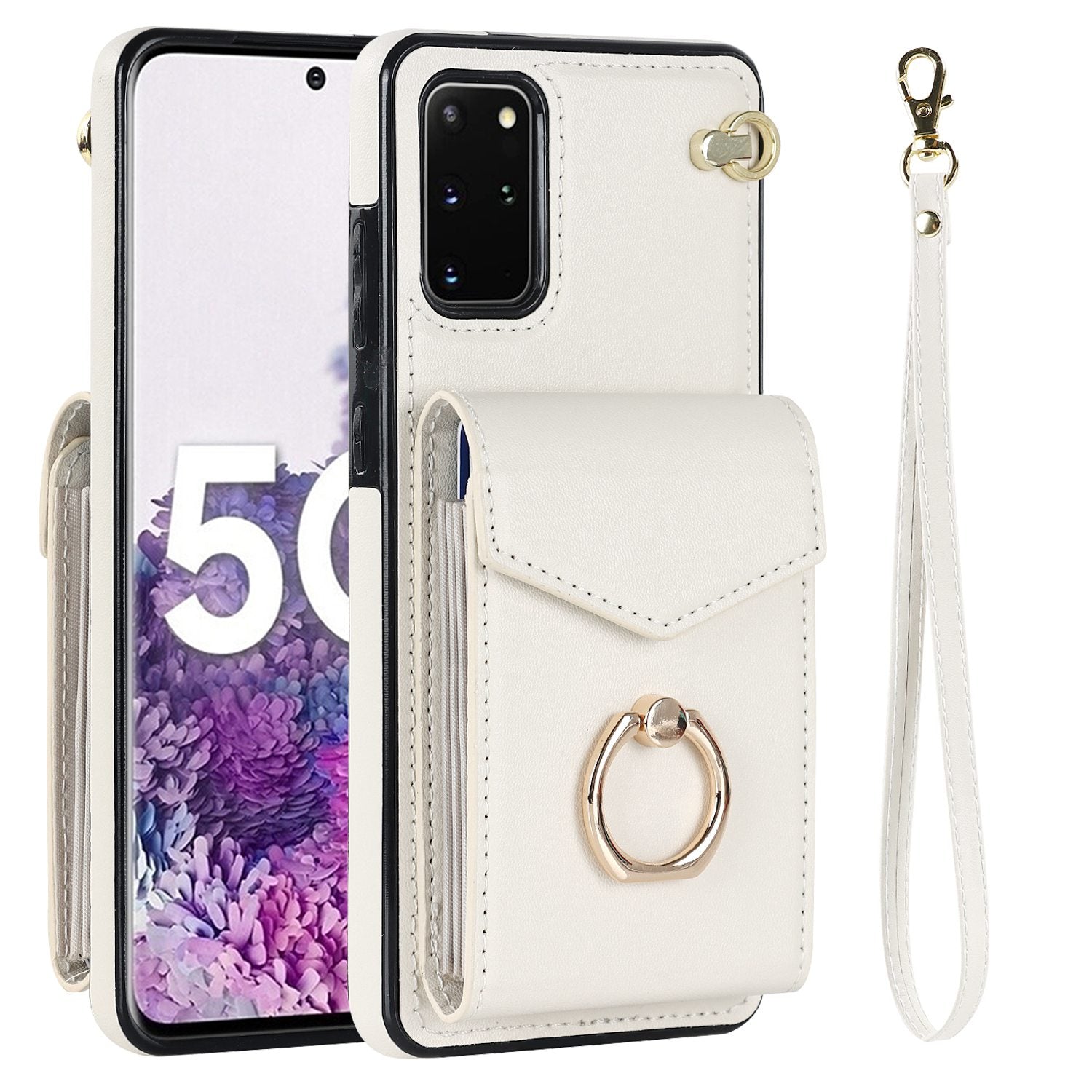 For Samsung Galaxy S20 4G / 5G Accordion Style Card Bag RFID Blocking Protective Cover PU Leather+TPU Ring Kickstand Anti-drop Case with Strap - Beige