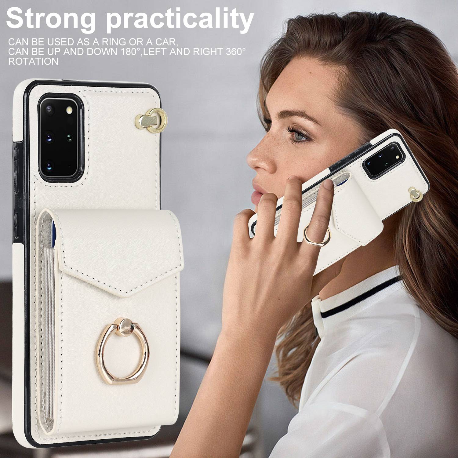 For Samsung Galaxy S20 4G / 5G Accordion Style Card Bag RFID Blocking Protective Cover PU Leather+TPU Ring Kickstand Anti-drop Case with Strap - Beige