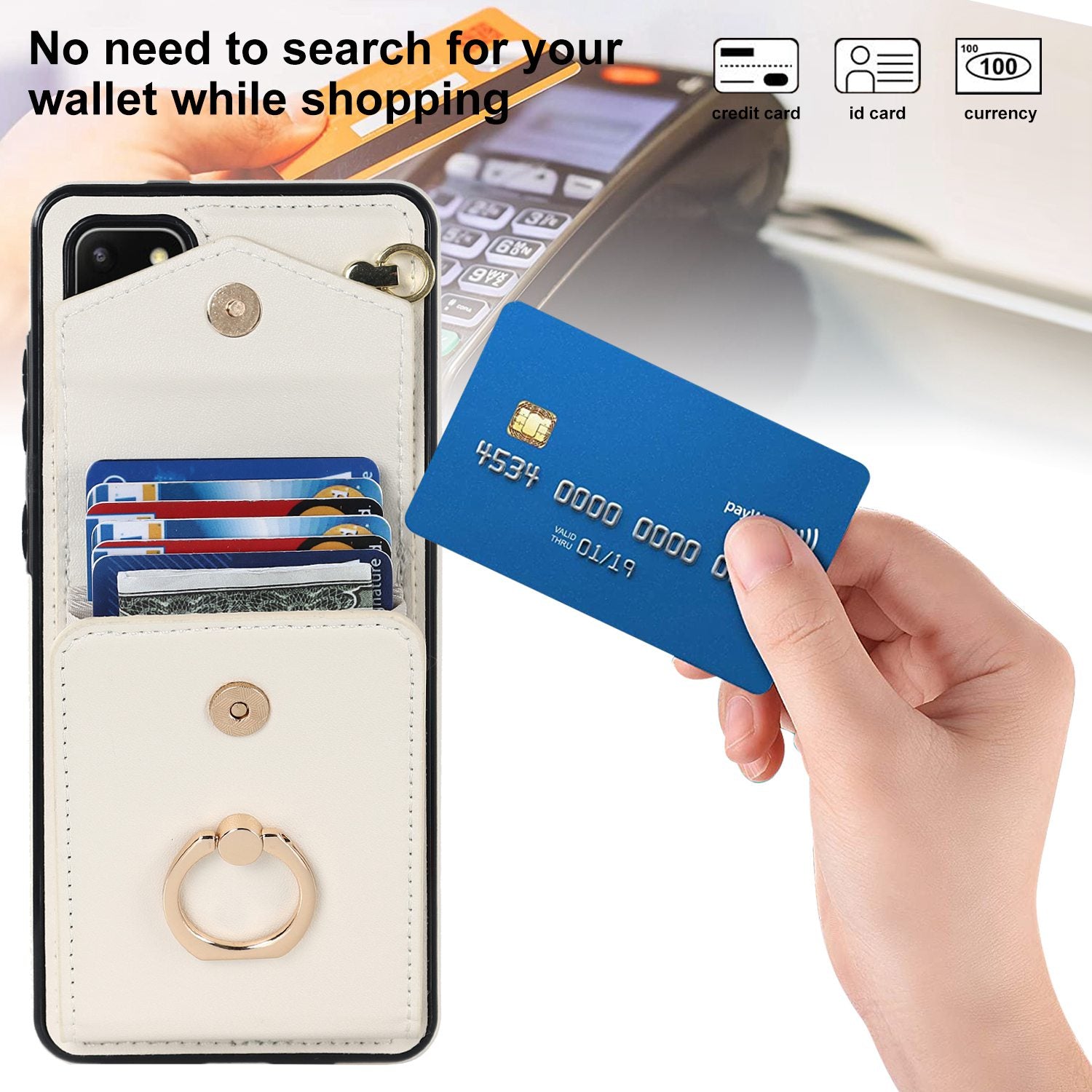 For Samsung Galaxy S20 4G / 5G Accordion Style Card Bag RFID Blocking Protective Cover PU Leather+TPU Ring Kickstand Anti-drop Case with Strap - Beige