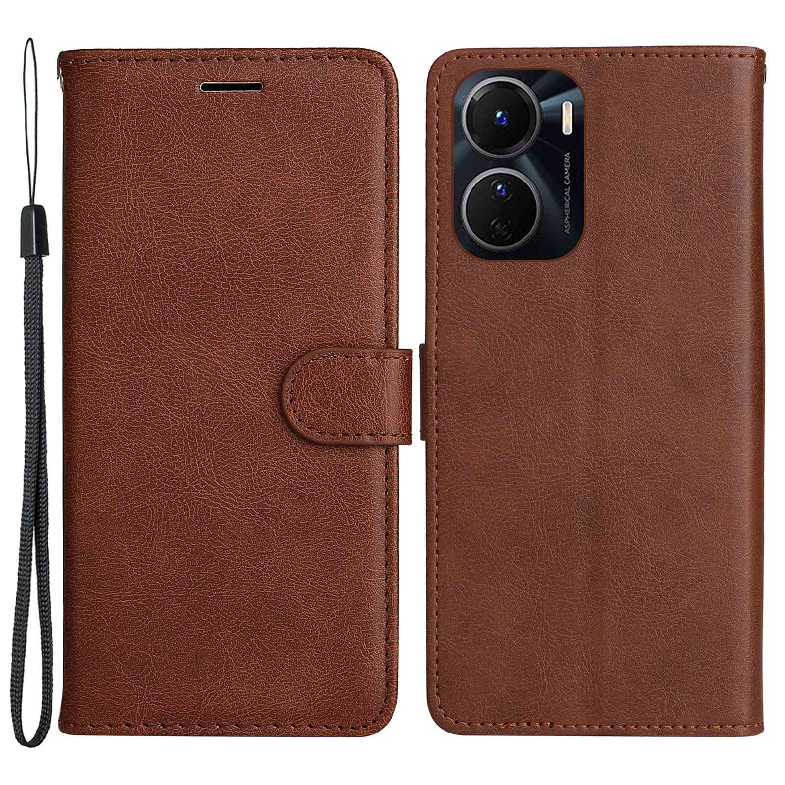 KT Leather Series-2 for vivo Y16 4G / Y02s 4G PU Leather Flip Wallet Case Solid Color Magnetic Closure Stand Shockproof Cover with Strap - Brown