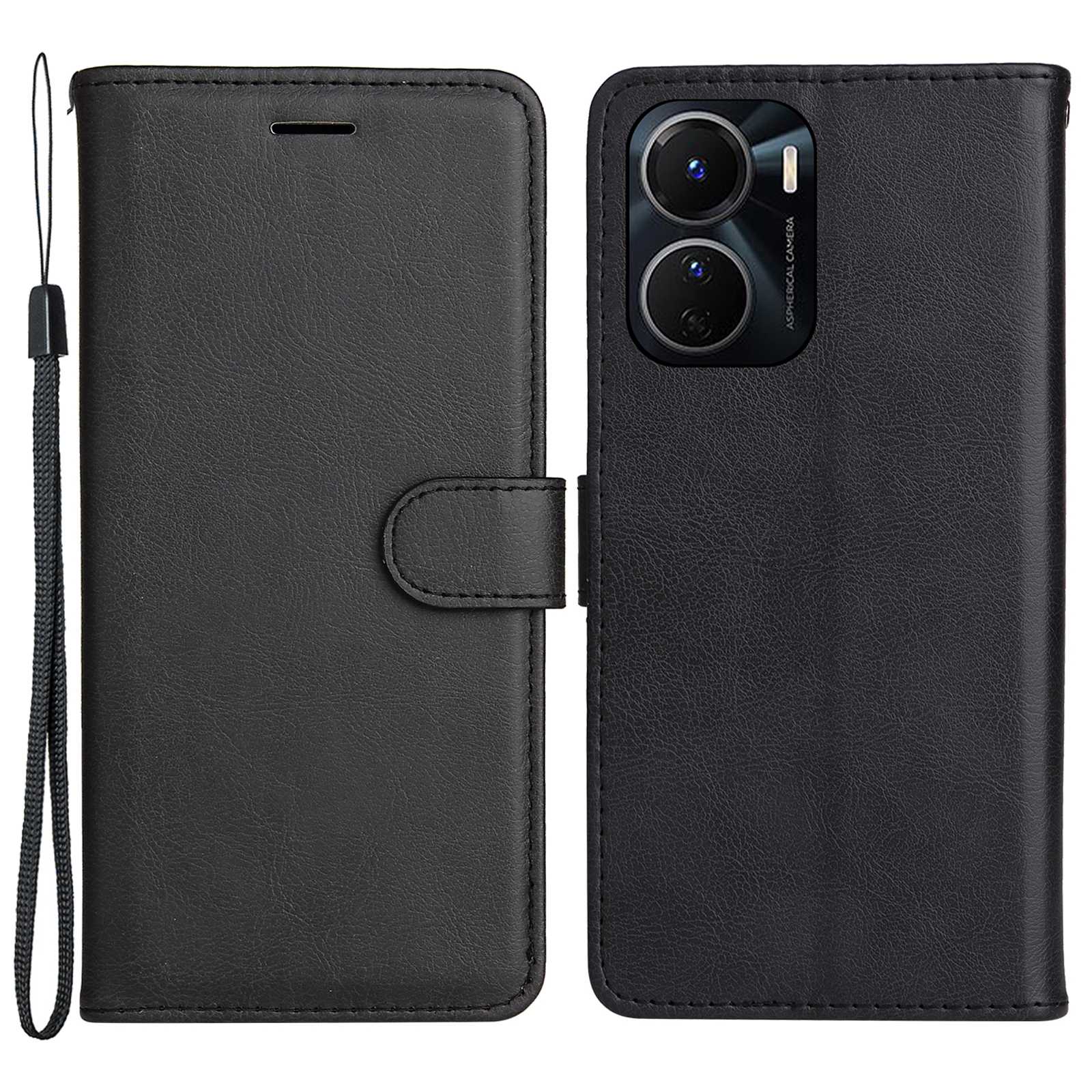 KT Leather Series-2 for vivo Y16 4G / Y02s 4G PU Leather Flip Wallet Case Solid Color Magnetic Closure Stand Shockproof Cover with Strap - Black