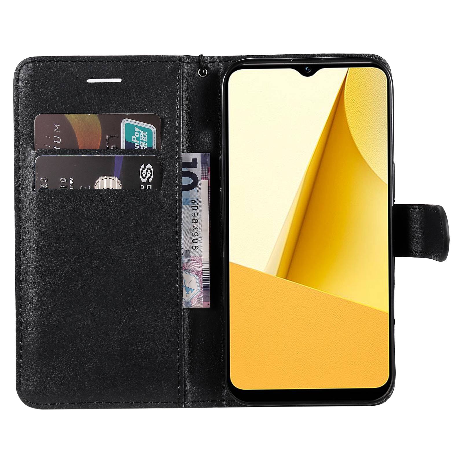 KT Leather Series-2 for vivo Y16 4G / Y02s 4G PU Leather Flip Wallet Case Solid Color Magnetic Closure Stand Shockproof Cover with Strap - Black