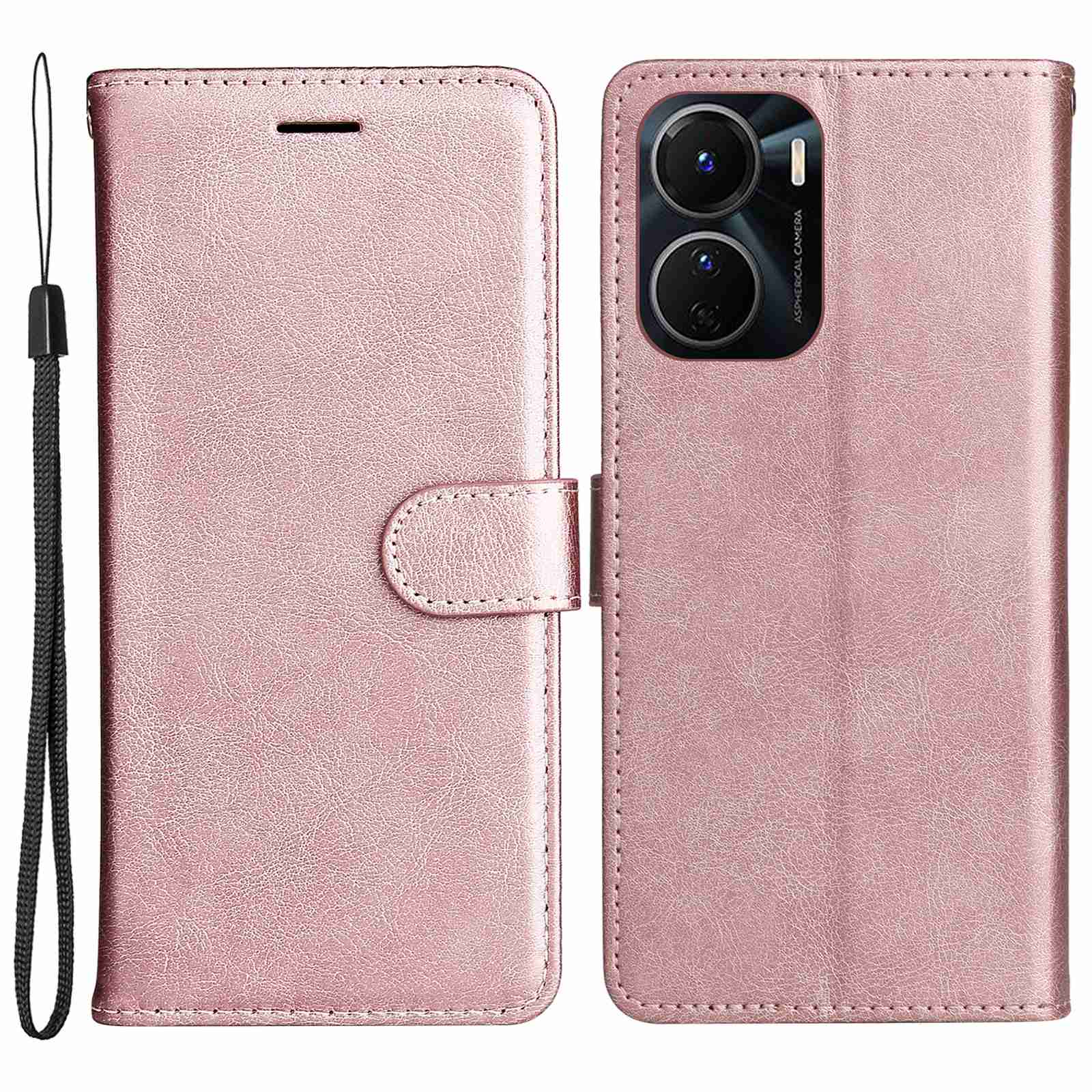 KT Leather Series-2 for vivo Y16 4G / Y02s 4G PU Leather Flip Wallet Case Solid Color Magnetic Closure Stand Shockproof Cover with Strap - Rose Gold