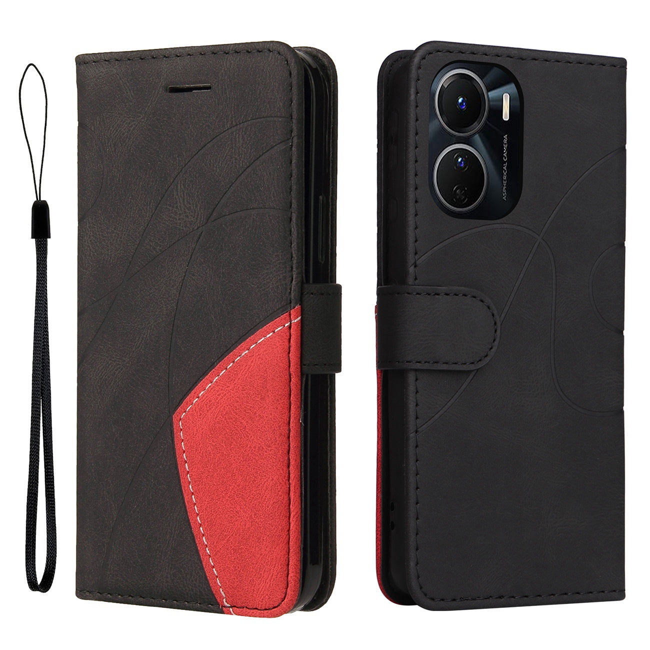 KT Leather Series-1 Phone Wallet Case for vivo Y16 4G / Y02s 4G, Splicing PU Leather Shockproof Dual-color Stand Function Phone Cover - Black